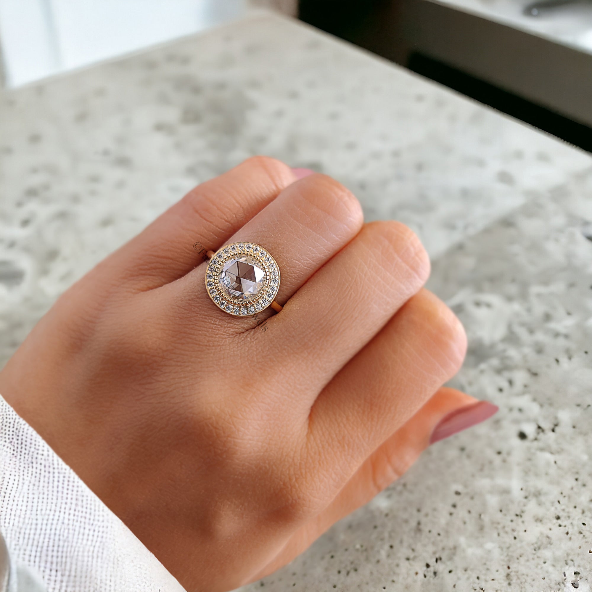 1.70 CT Round Rose Cut Colorless Moissanite Ring Halo With Pave Setting Engagement Ring Wedding Ring Anniversary Ring Bridal Ring FD152