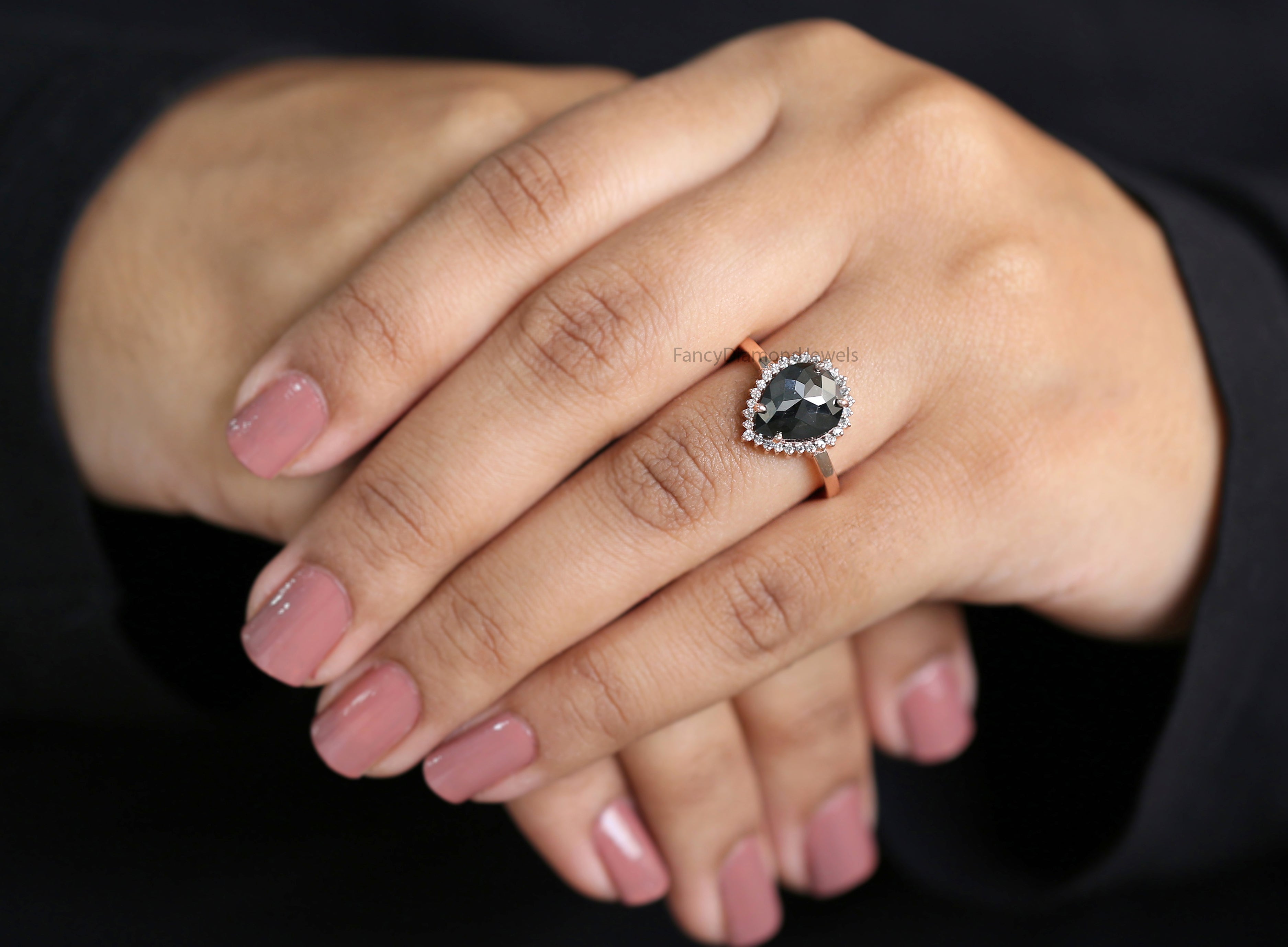 Pear Shape Black Color Diamond Ring 2.67 Ct 10.30 MM Pear Cut Diamond Ring 14K Solid Rose Gold Silver Engagement Ring Gift For Her QL3113