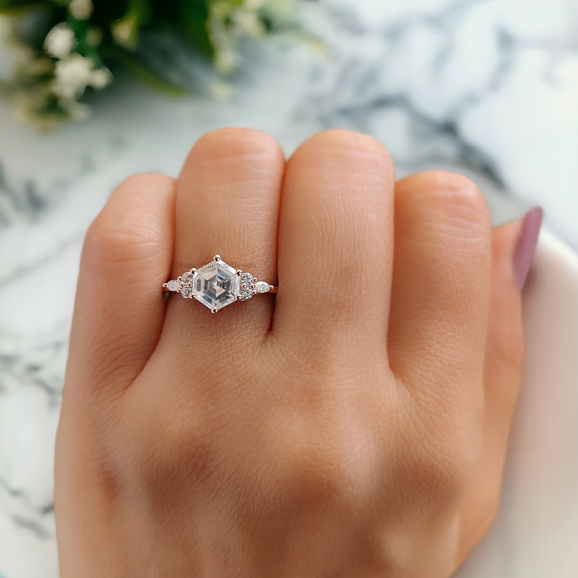 Hexagon Cut Moissanite Engagement Ring Rose Gold Vintage Unique Marquise Diamond Cluster Engagement Ring Delicate Wedding Bridal Ring FD114