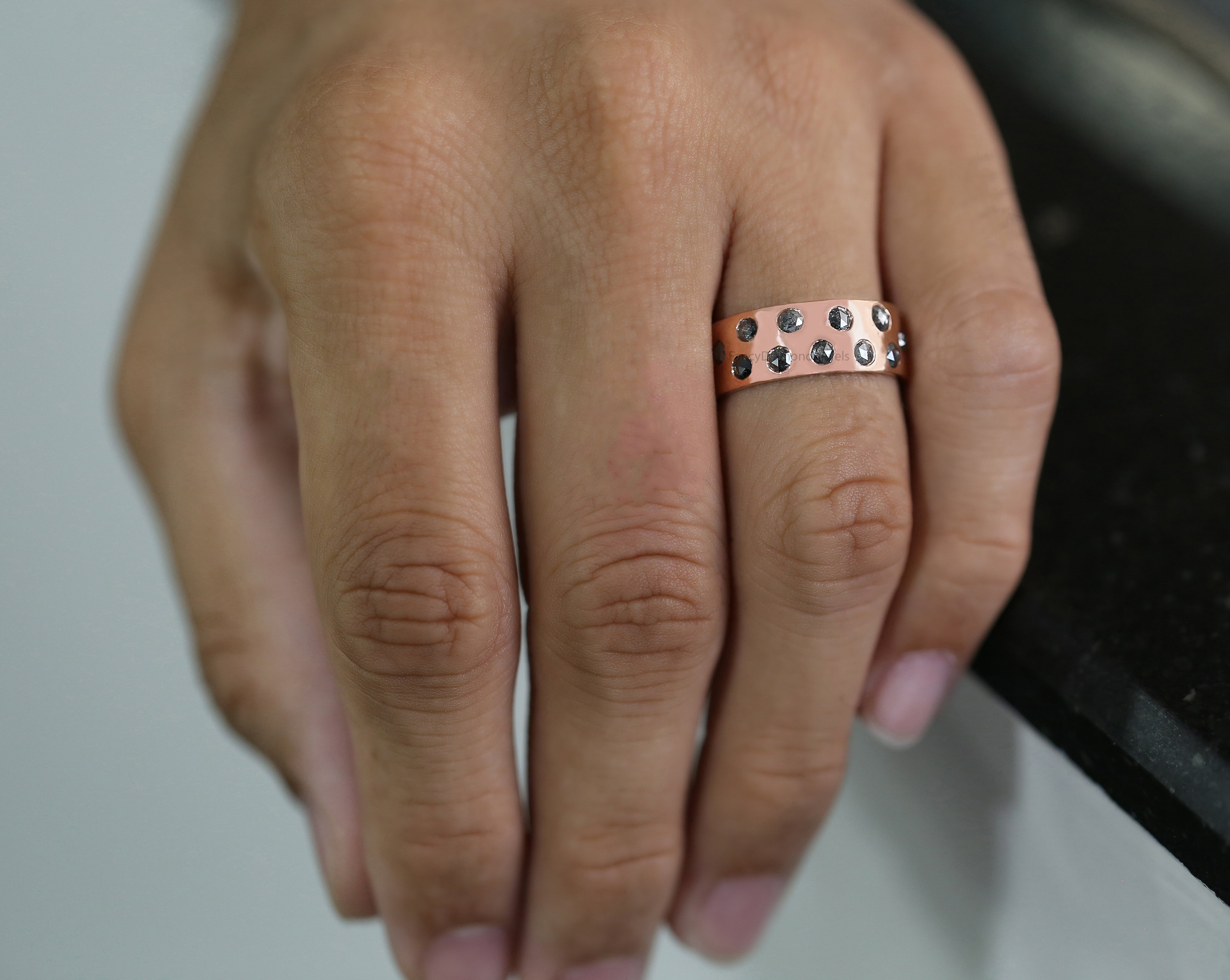 Round Rose Cut Salt And Pepper Diamond Band, Salt And Pepper Rose Cut Diamond Engagement Band, Rose Cut Diamond Band, Round Band KDL1552