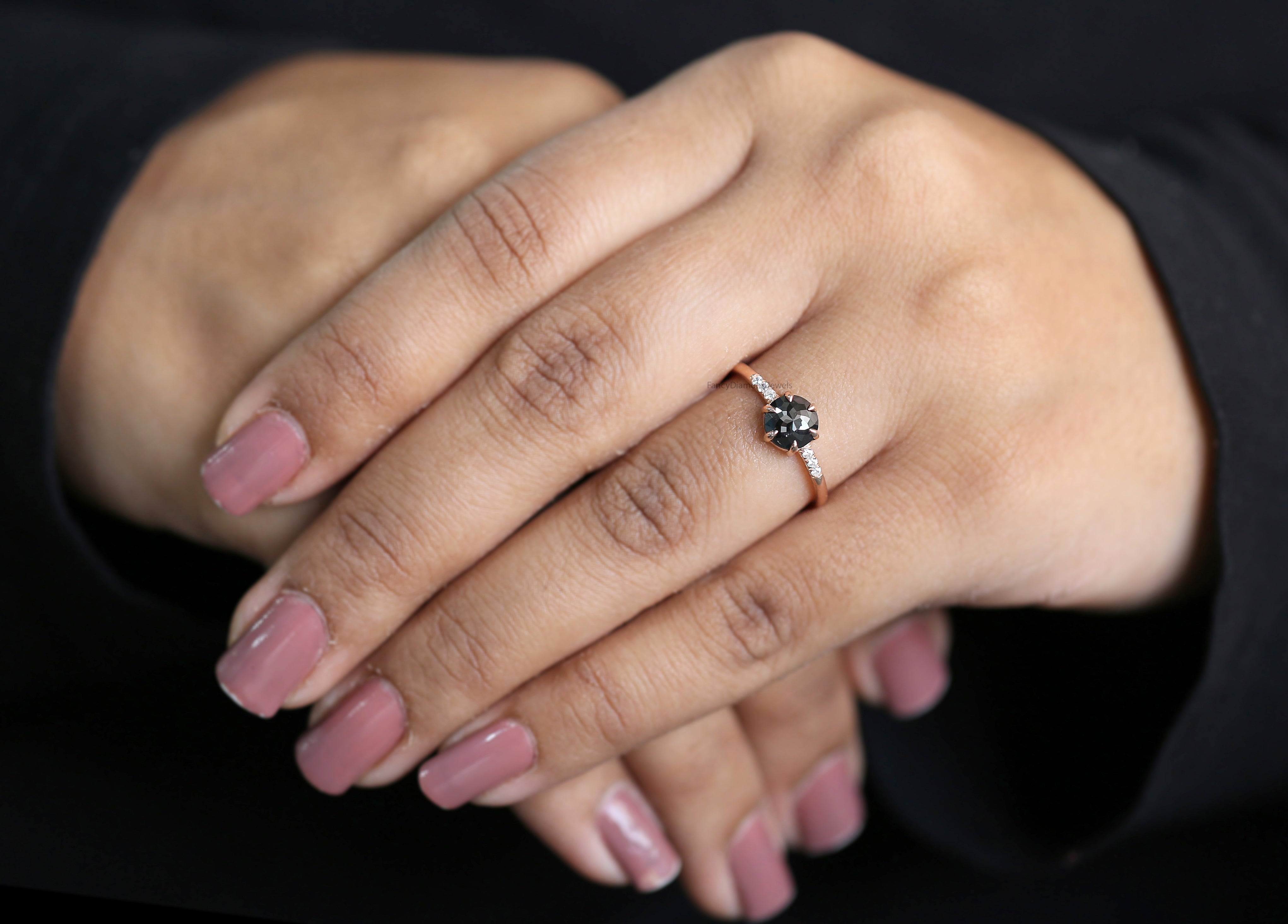 Round Rose Cut Black Color Diamond Ring 0.74 Ct 6.13 MM Round Shape Diamond Ring 14K Rose Gold Silver Engagement Ring Gift For Her QN2508