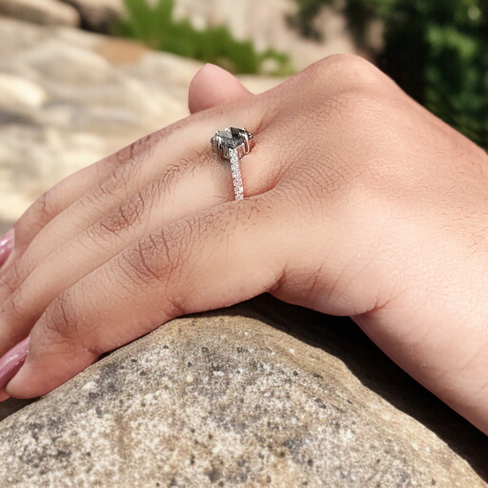 Kite Cut Salt And Pepper Diamond Ring 0.98 Ct 7.70 MM Kite Diamond Ring 14K Solid Rose Gold Silver Kite Engagement Ring Gift For Her QL9339