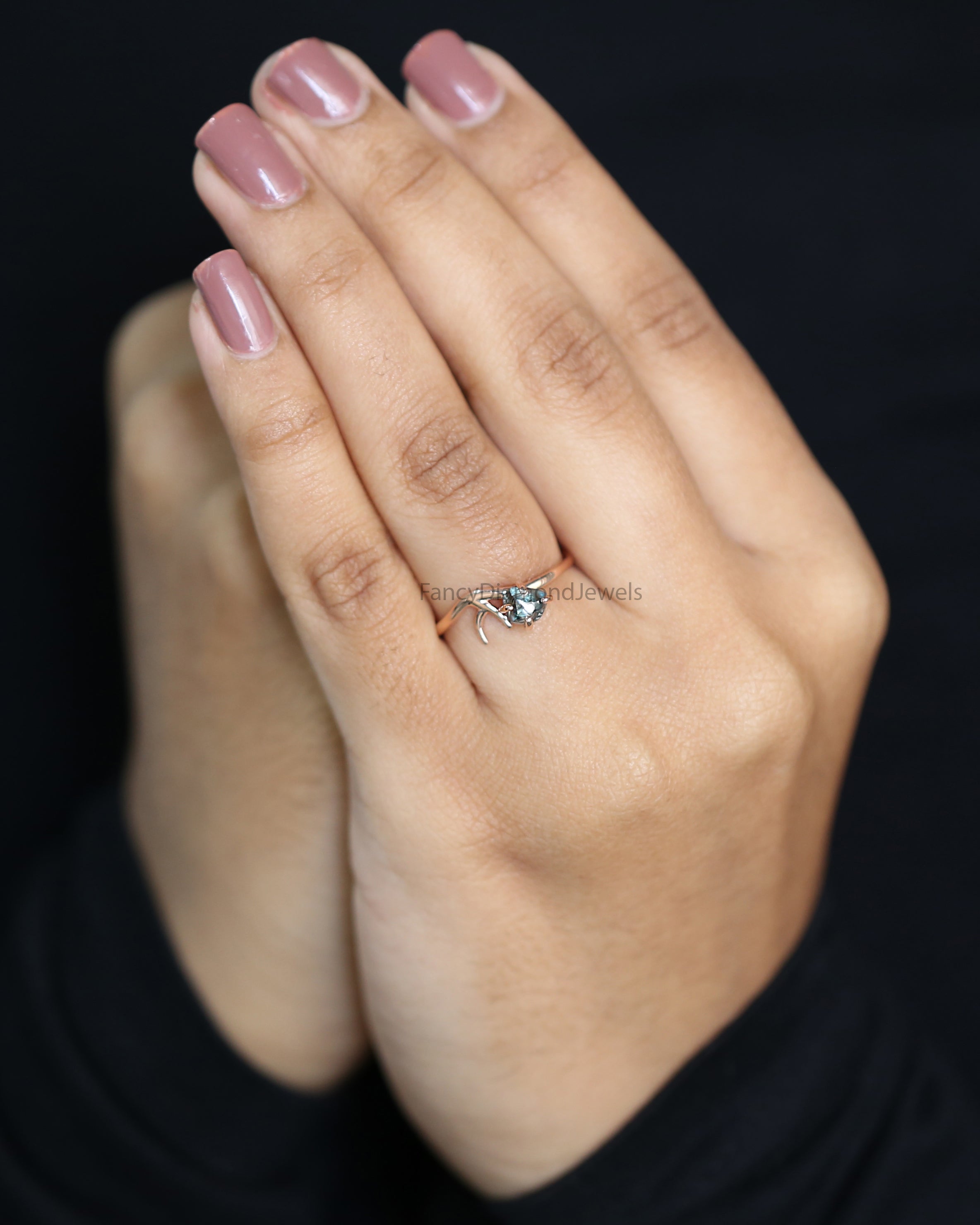 Rough Blue Color Diamond Ring 0.95 Ct 5.08 MM Crystal Rough Diamond Ring 14K Solid Rose Gold Silver Engagement Ring Gift For Her QL2231