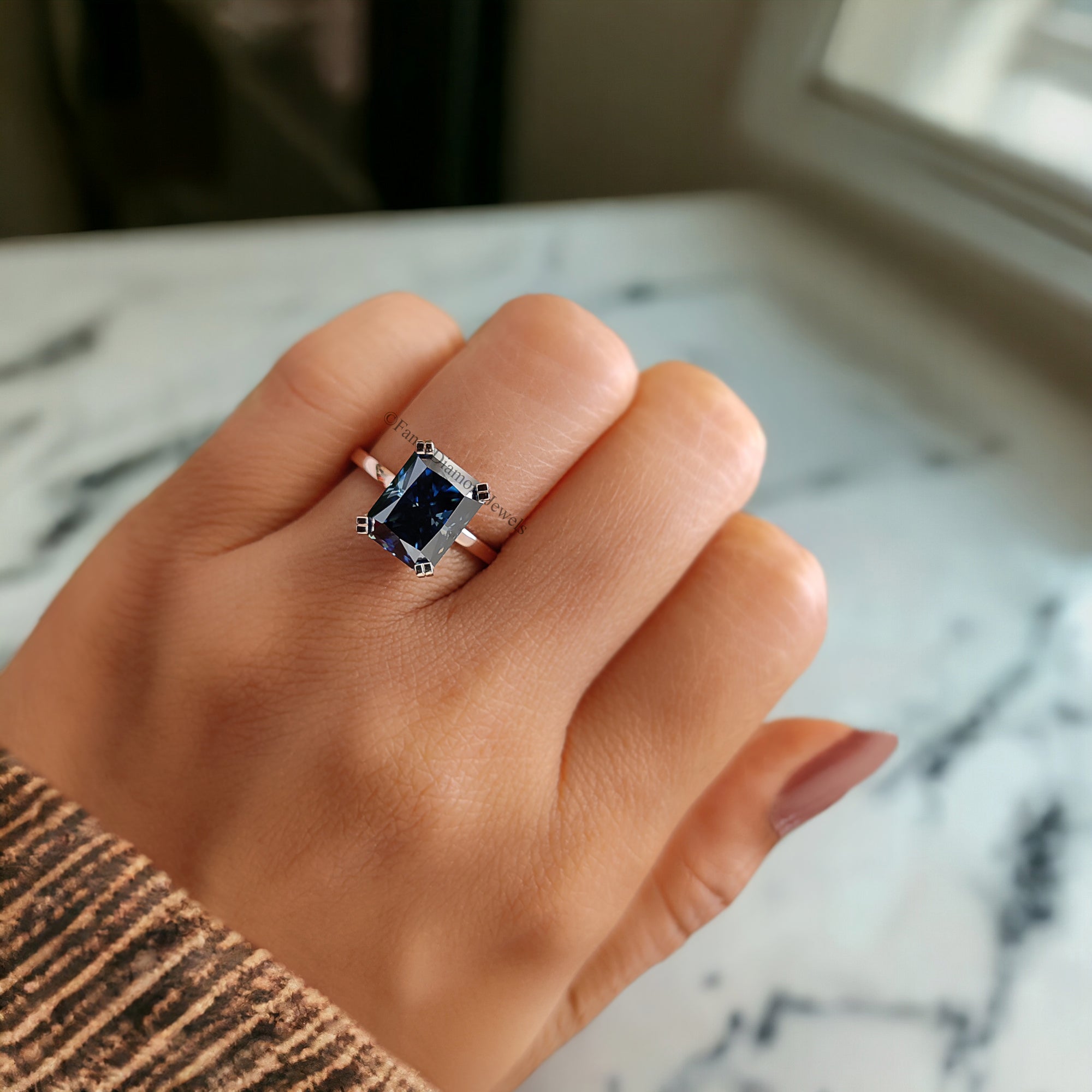 2.90 CT Royal Blue Radiant Ring Moissanite Ring Double Claw Prong Set Ring 14 KT Solid Rose Gold Ring Engagement Ring Wedding Ring FD169