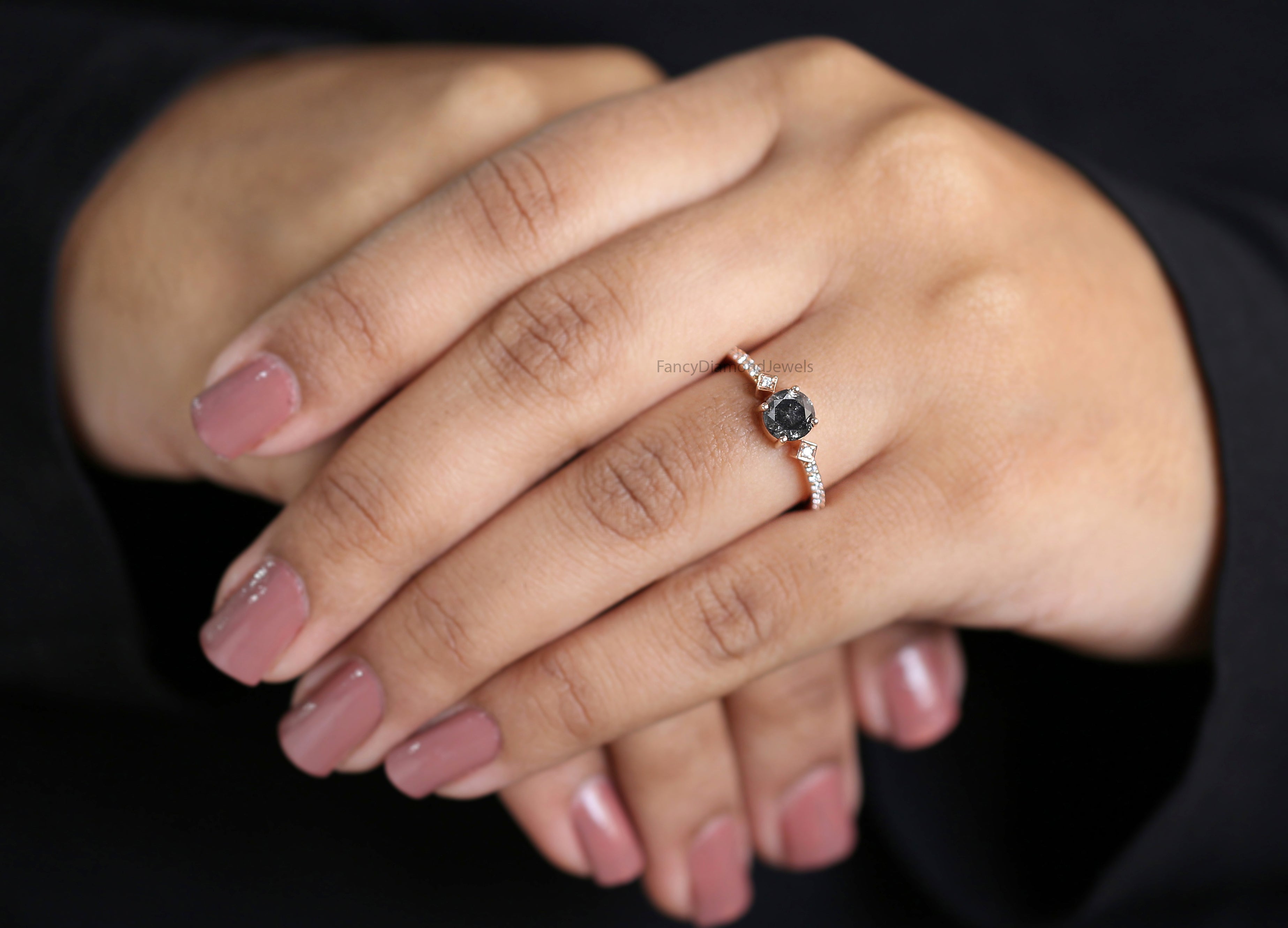 Round Cut Salt And Pepper Diamond Ring 0.83 Ct 5.70 MM Round Diamond Ring 14K Solid Rose Gold Silver Engagement Ring Gift For Her QN2489