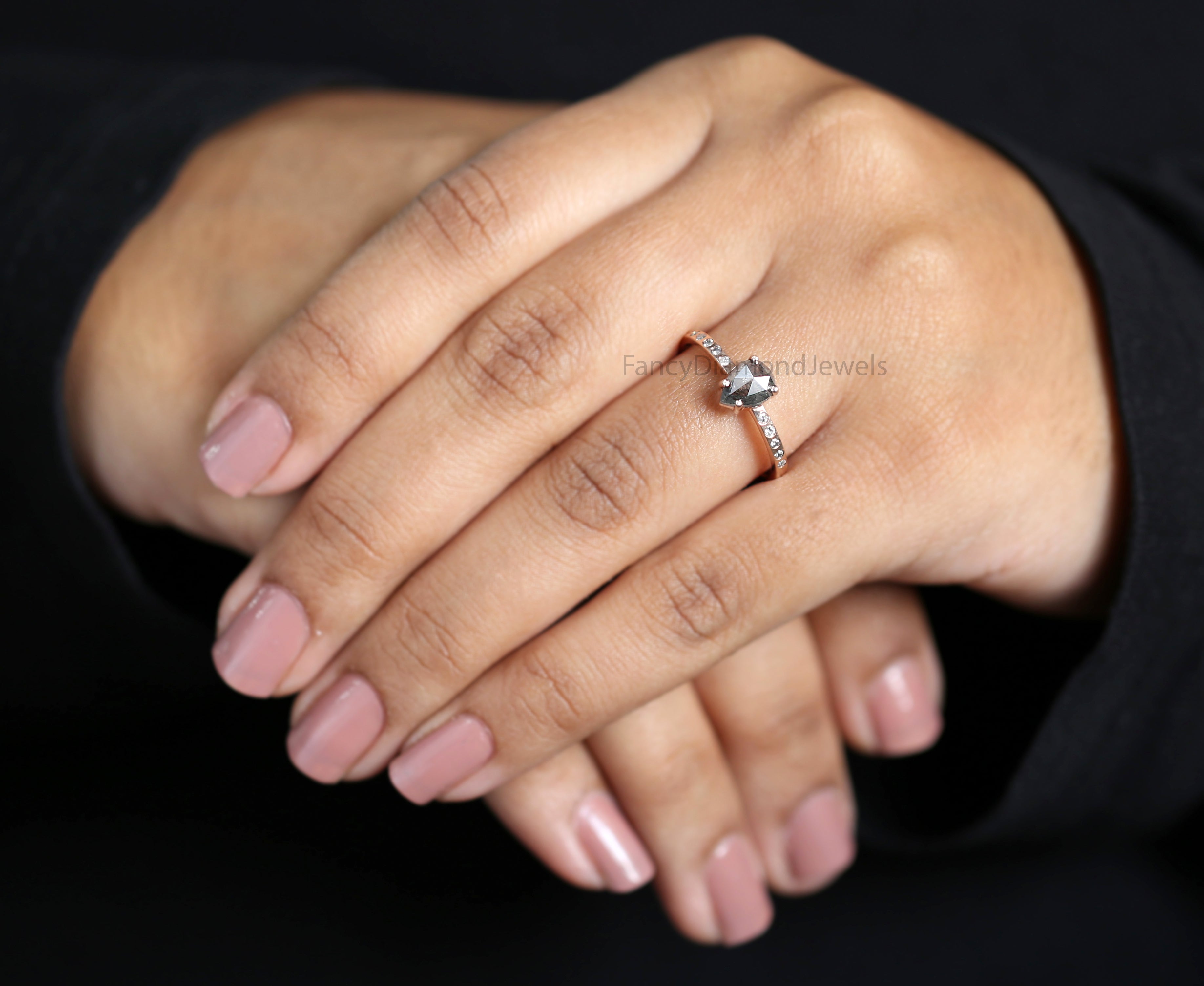 Pear Cut Salt And Pepper Diamond Ring 0.91 Ct 6.90 MM Pear Diamond Ring 14K Solid Rose Gold Silver Pear Engagement Ring Gift For Her QL3095