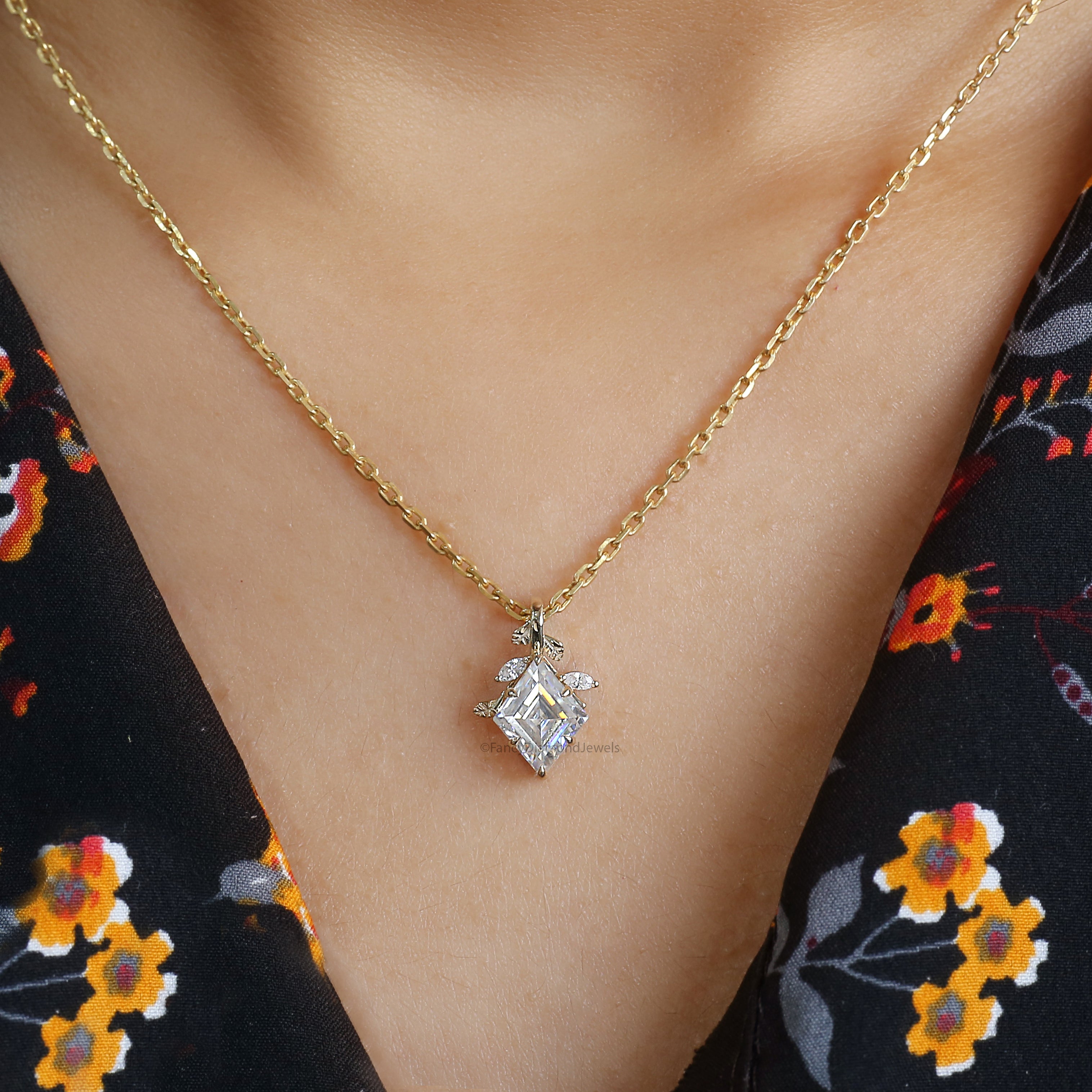 Kite Cut Lab Grown Diamond Pendant Yellow Silver handmade jewelry Necklace Pointed Claw prong And Floral Set Marquise Diamond Necklace FD477