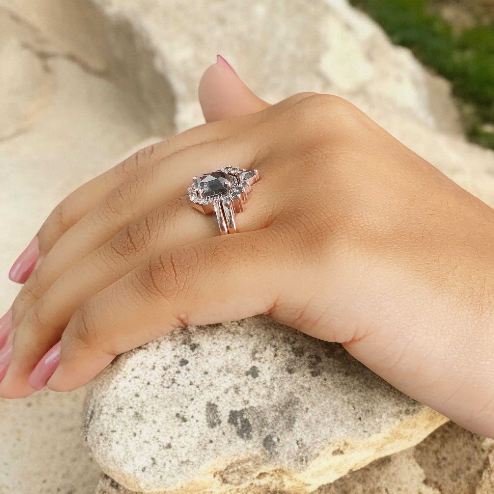 Emerald Cut Salt And Pepper Diamond Ring 1.70 Ct 7.20 MM Emerald Diamond Ring 14K Solid Rose Gold Silver Engagement Ring Gift For Her QL187