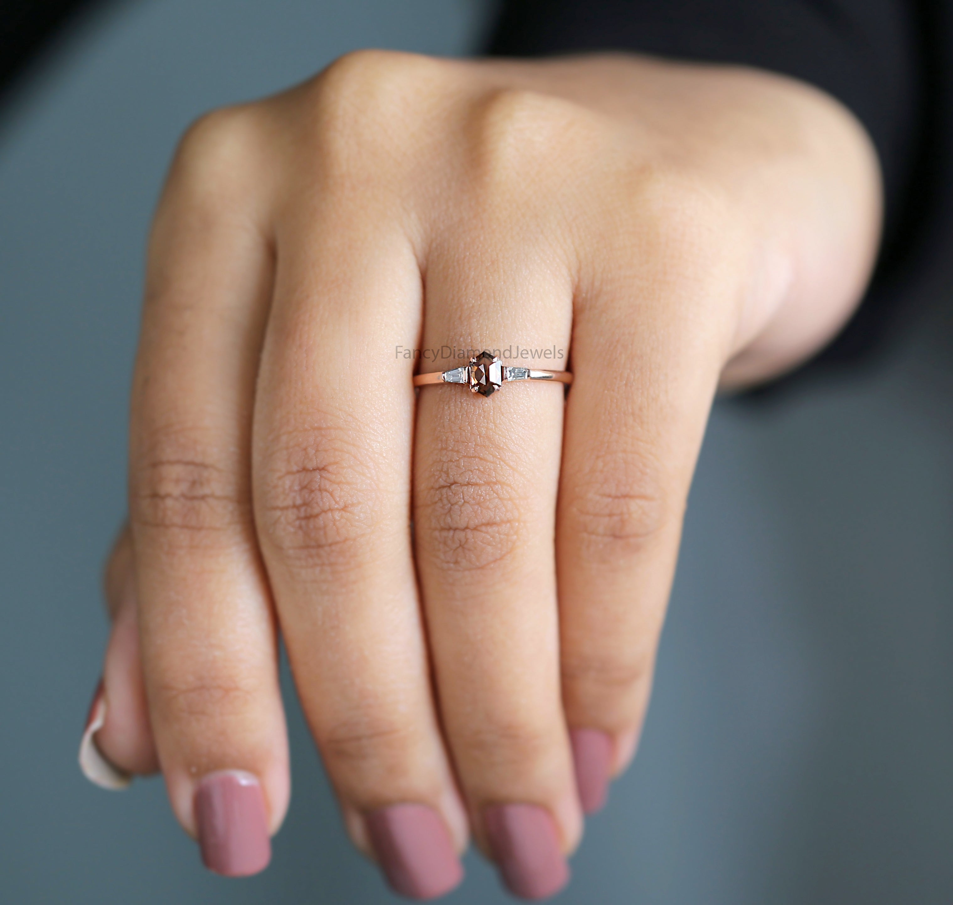 Hexagon Cut Brown Color Diamond Ring 0.37 Ct 5.30 MM Hexagon Shape Diamond Ring 14K Rose Gold Silver Engagement Ring Gift For Her QK2317