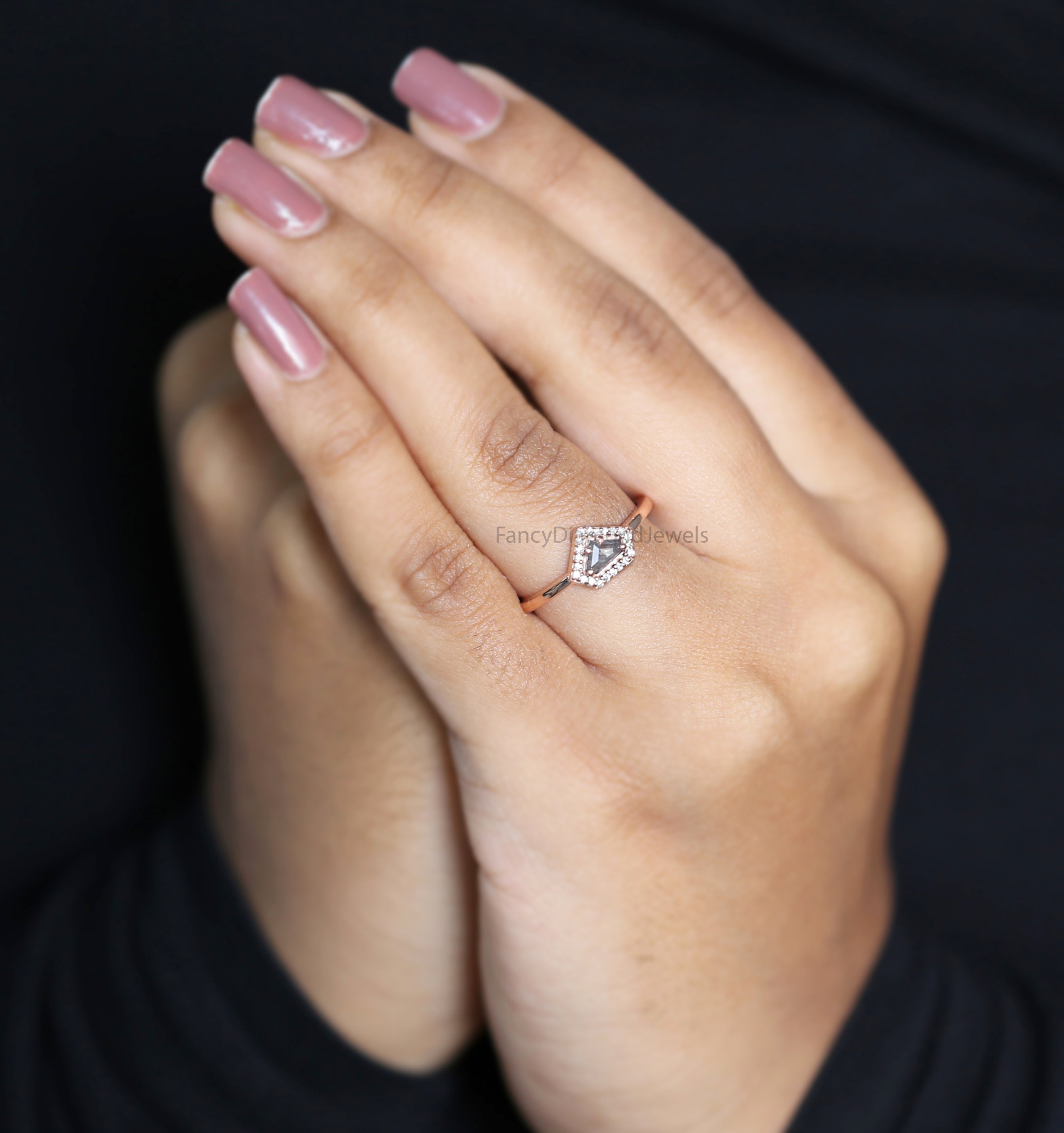 Shield salt and pepper Diamond Ring, Salt and pepper Shield Diamond Engagement Ring, Shield Diamond Ring, Halo Ring, Shield Ring, KD1122