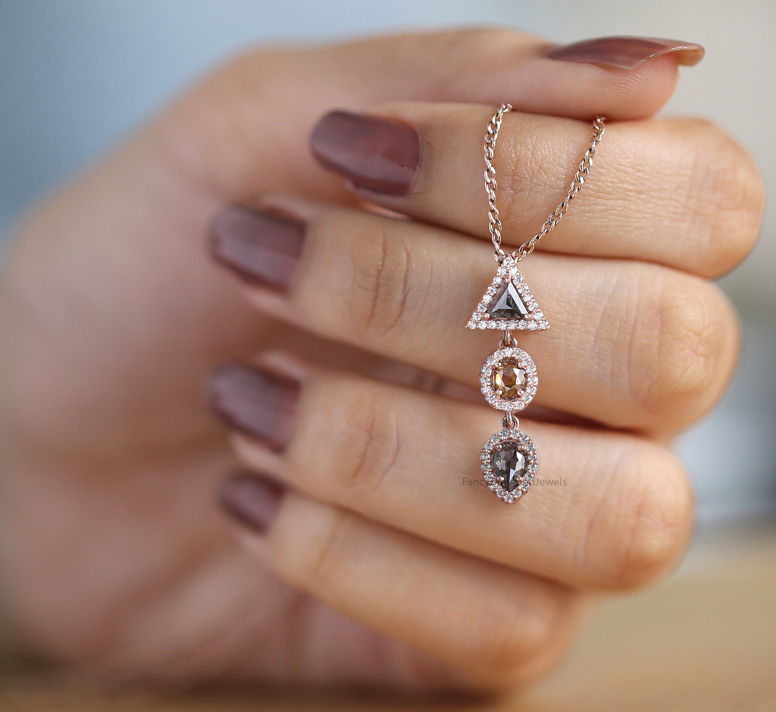 Mix Shape Black Grey Diamond Pendant 0.71 Ct 5.35 MM Mix Shape Diamond Pendant 14K Solid Rose Gold Engagement Pendant Gift For Her QL1186