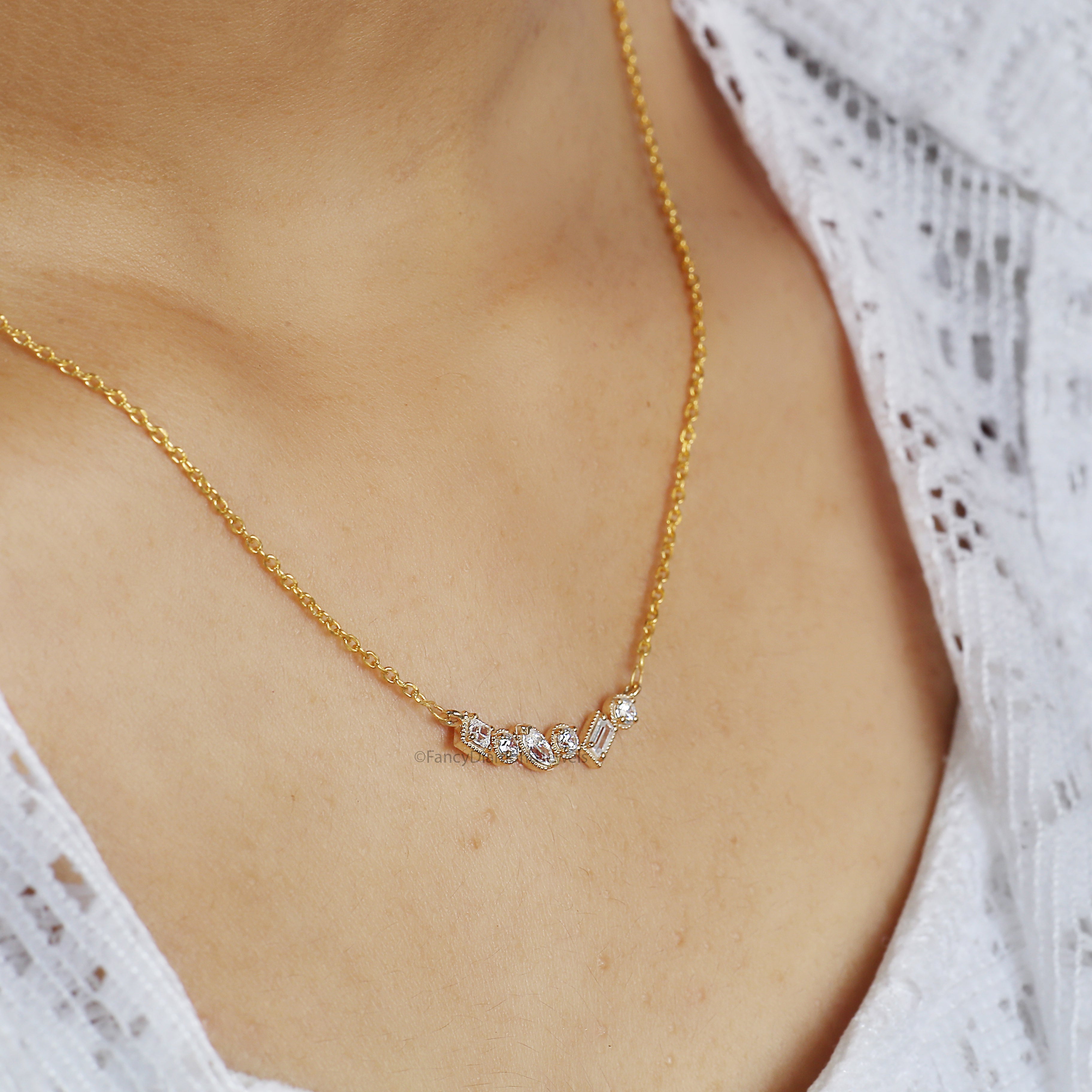 Mix Shape Cut CZ Diamond Necklace Yellow Silver handmade jewelry Necklace Mix Shape prong basket set Necklace With Chain FD482