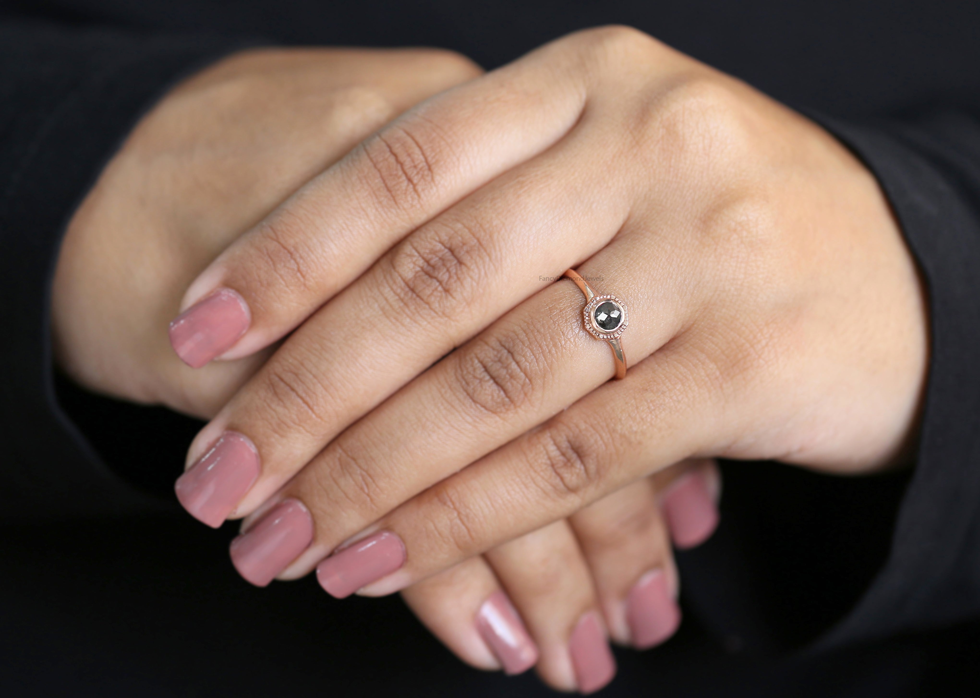 Round Rose Cut Salt And Pepper Diamond Ring, Salt And Pepper Rose Cut Diamond Engagement Ring, Rose Diamond Ring, Round Shape Ring KD1217