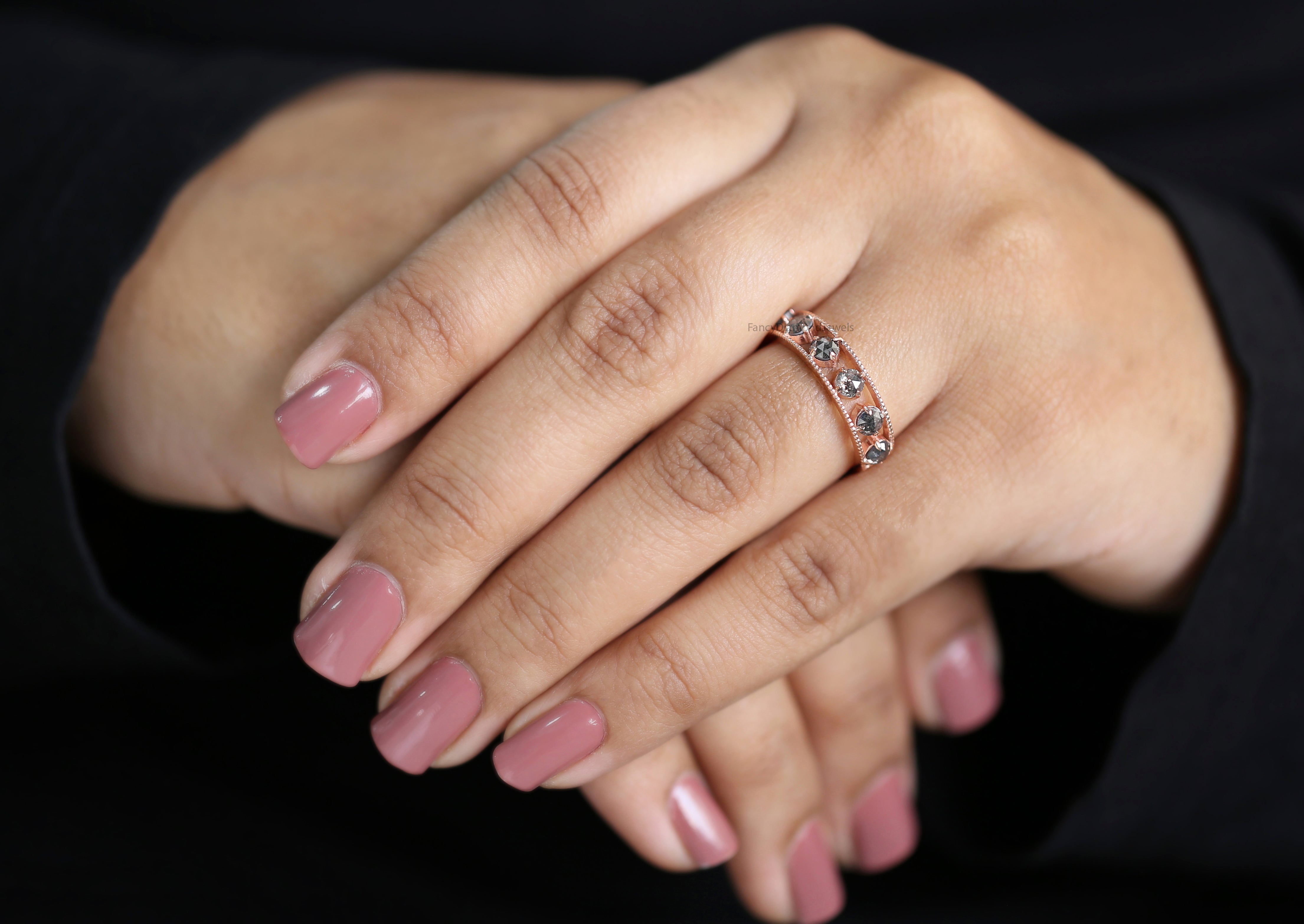 Round Rose Cut Salt And Pepper Diamond Ring 0.92 Ct 3.10 MM Round Diamond Ring 14K Rose Gold Silver Engagement Ring Gift For Her KD1224