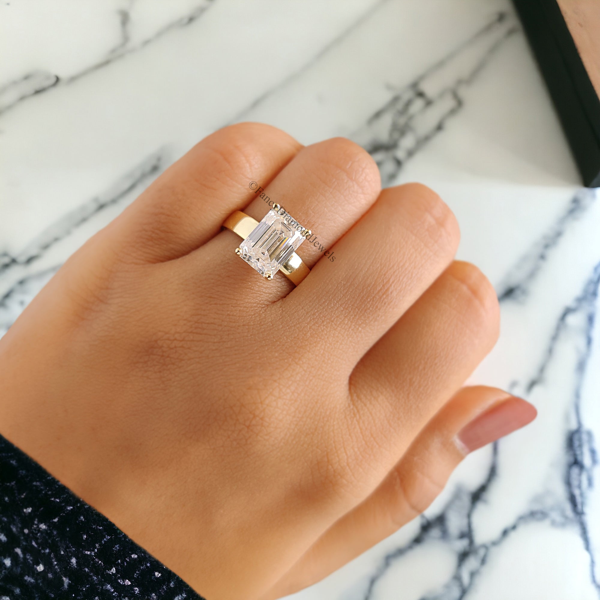 3.00 CT Emerald Cut Moissanite Engagement Wedding Ring Emerald Wide Band Emerald Hidden Halo Ring Stack Ring Anniversary Ring For Her FD226