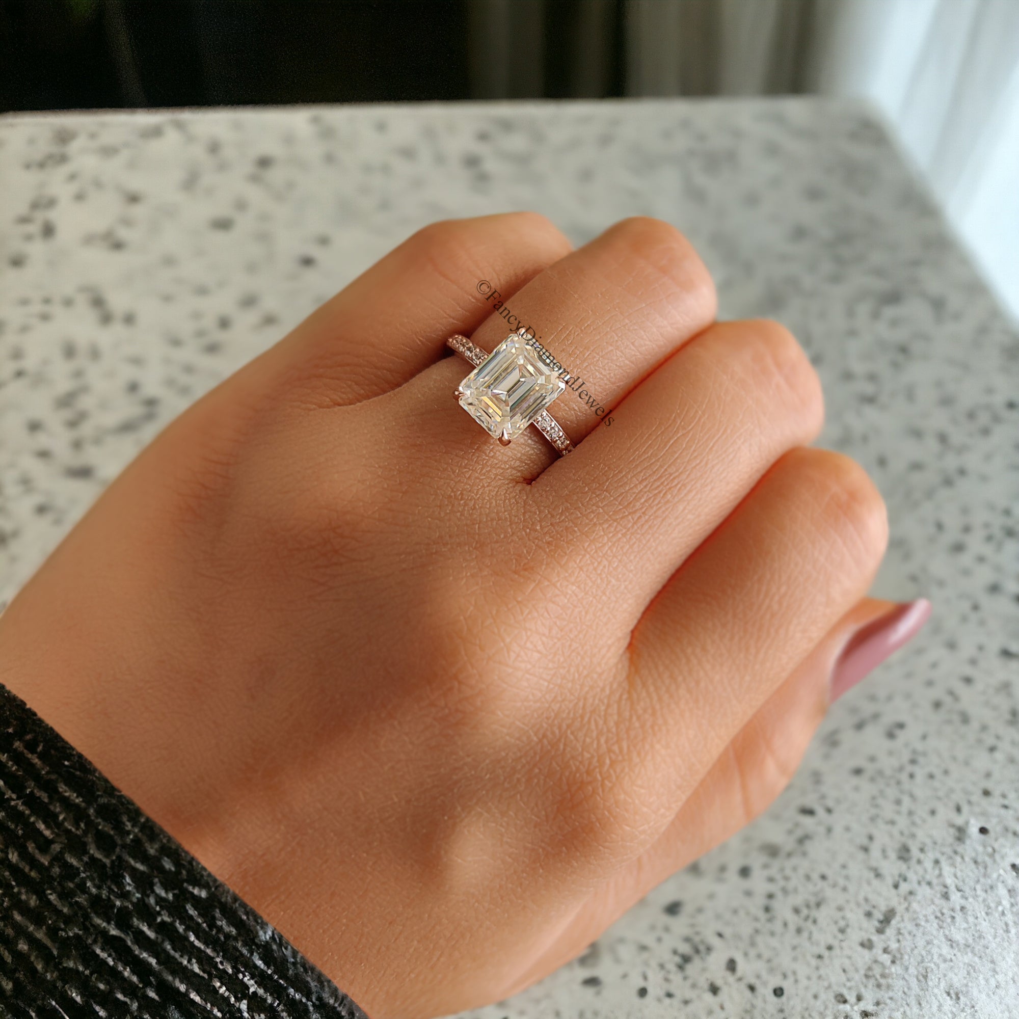 Handmade Custom Ring Emerald Cut Colorless Moissanite Engagement Ring 4 Prongs Wedding Promise Ring 14K Solid Gold Ring Stacking Rings FD72