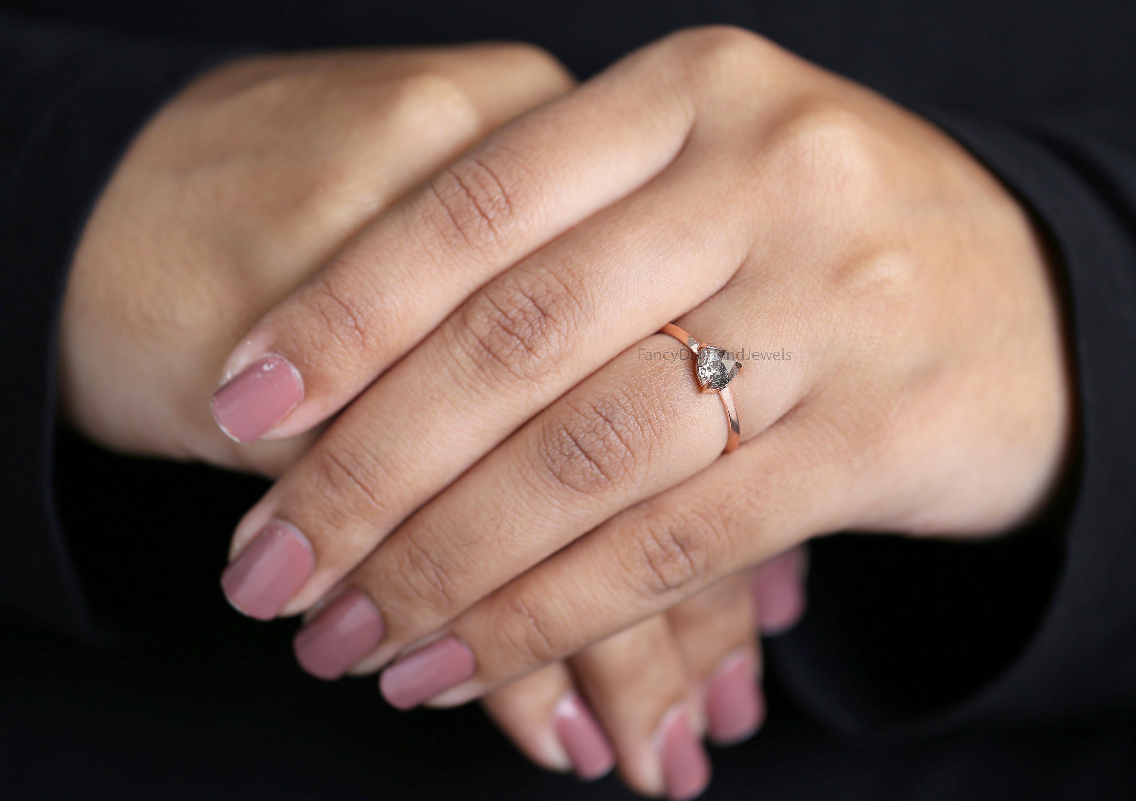 Triangle Salt And Pepper Diamond Ring 0.95 Ct 5.71 MM Triangle Diamond Ring 14K Solid Rose Gold Silver Engagement Ring Gift For Her QL3060