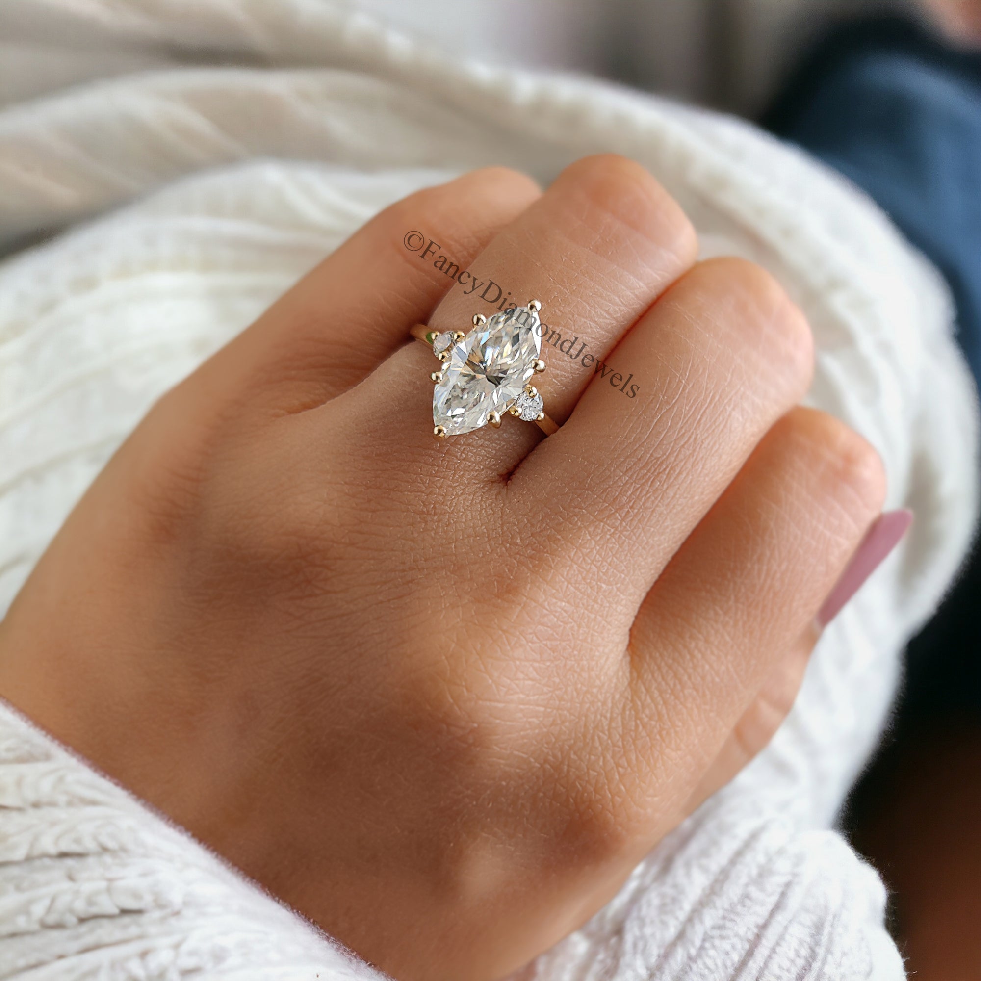 2 Carat Marquise Shape Colorless Engagement Ring With Side Accent Stones Wedding Ring Anniversary Ring 14K Solid Real Yellow Gold Ring FD74