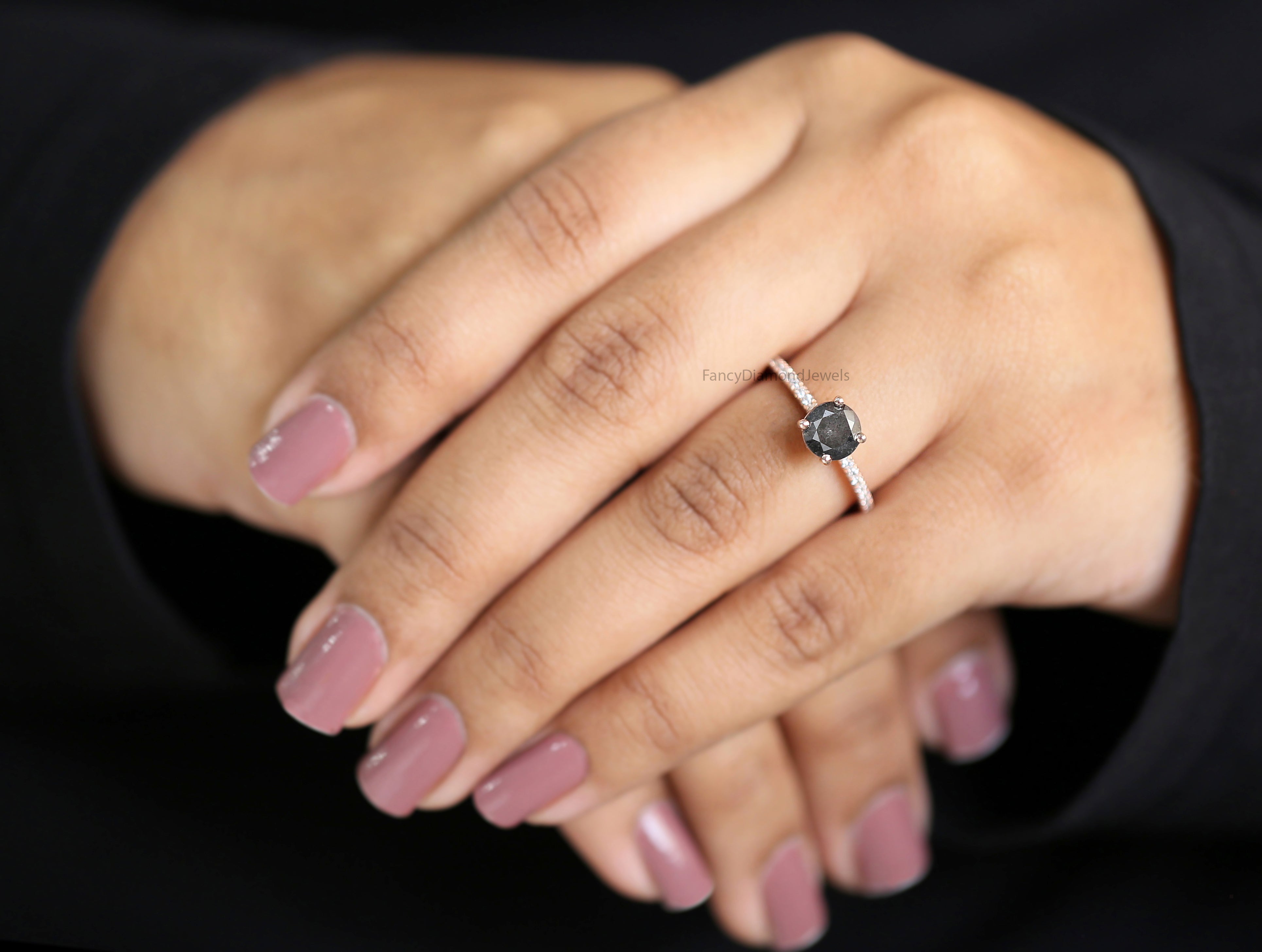 Round Cut Salt And Pepper Diamond Ring 1.25 Ct 6.40 MM Round Diamond Ring 14K Solid Rose Gold Silver Engagement Ring Gift For Her QL8301