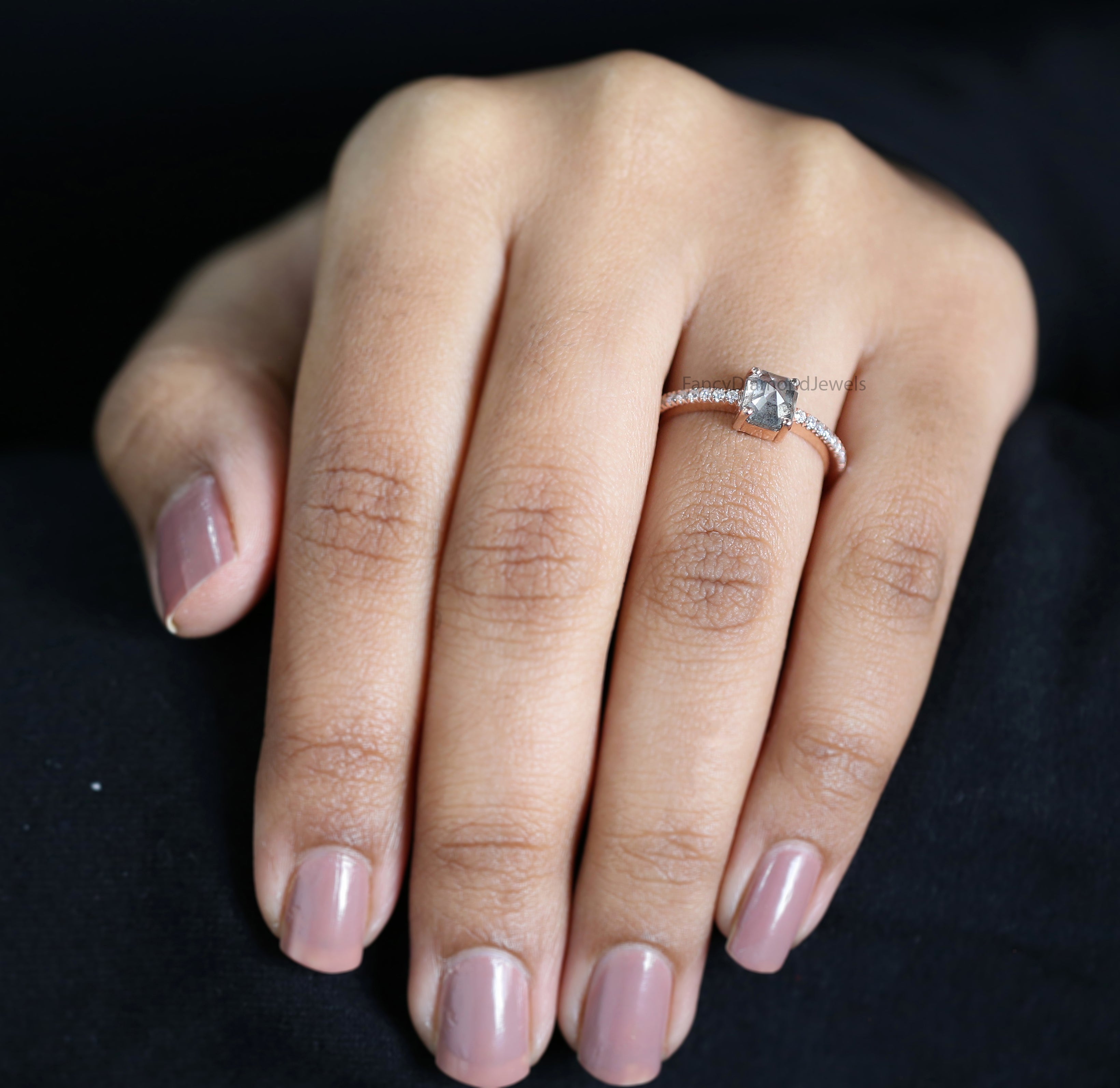 Emerald Cut Salt And Pepper Diamond Ring 1.05 Ct 5.60 MM Emerald Diamond Ring 14K Solid Rose Gold Silver Engagement Ring Gift For Her QL3062