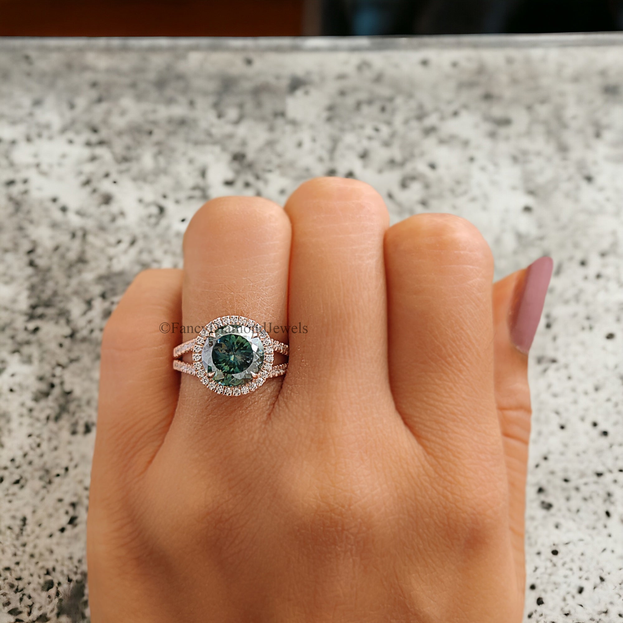 Cyan Blue Round Portuguese Cut Moissanite Ring - Rose Gold Halo Engagement Ring With Split Shank And Round Brilliant Cut Side Stones FD209