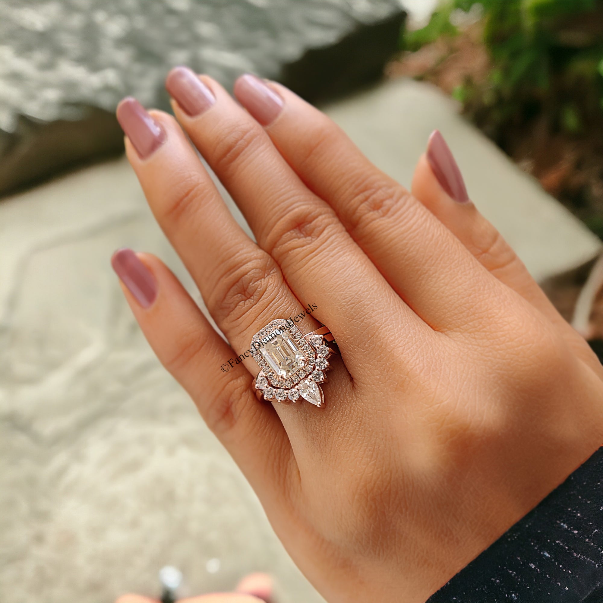Vintage Moissanite Engagement Ring Set 1.85 CT Moissanite Ring Emerald Ring Rose Gold Ring Unique Stacking Ring Diamond Cluster Ring FD90