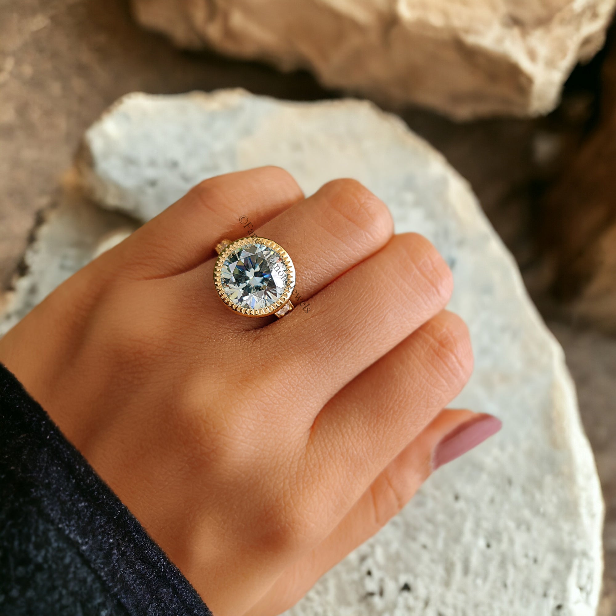 Round Cut Aqua Blue Moissanite Engagement Wedding Ring 14K Solid Gold Anniversary Ring Proposal Bezel Ring Authentic Moissanite Ring FD177