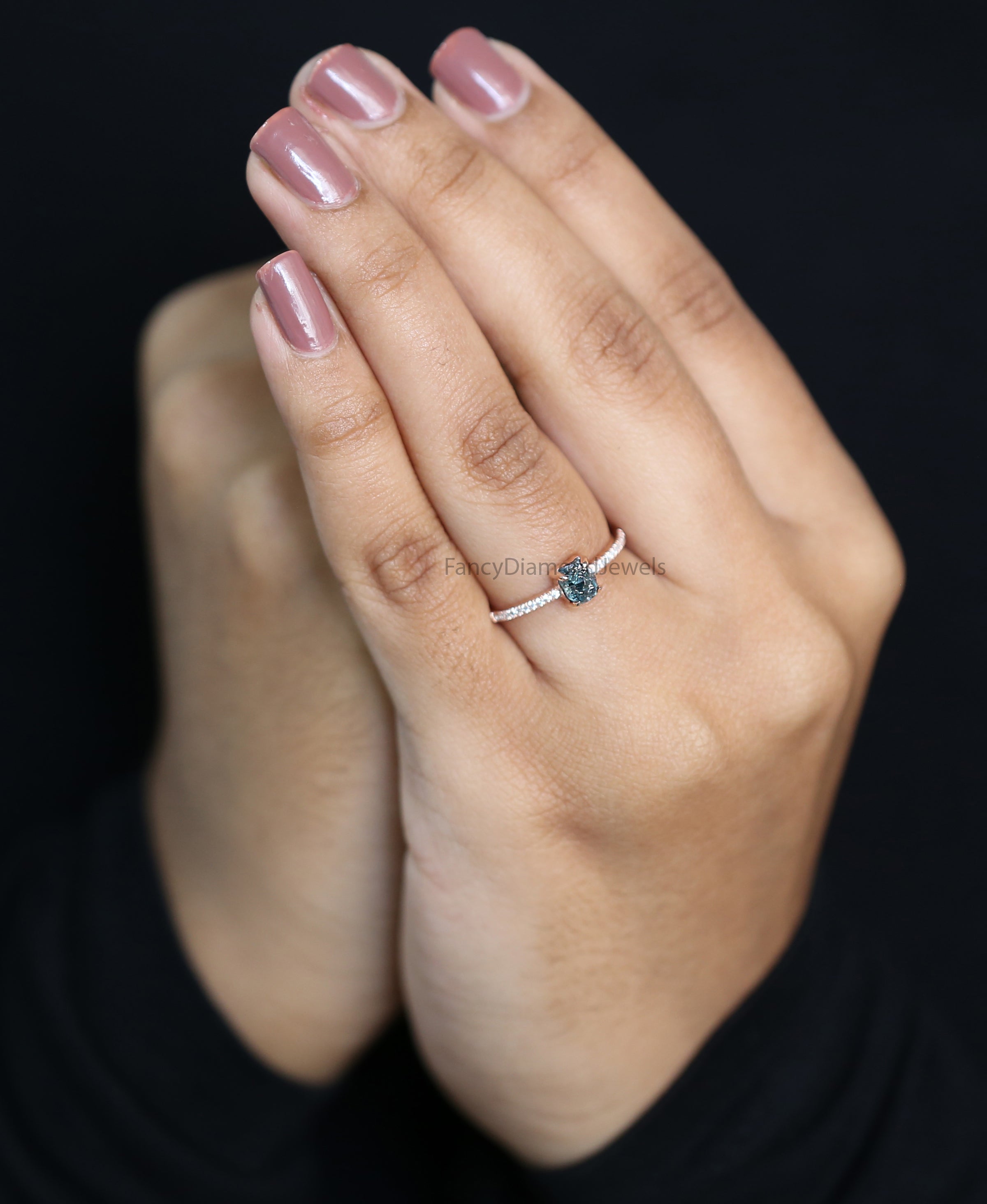 Rough Blue Color Diamond Ring 0.76 Ct 5.25 MM Crystal Rough Diamond Ring 14K Solid Rose Gold Silver Engagement Ring Gift For Her QLB2235
