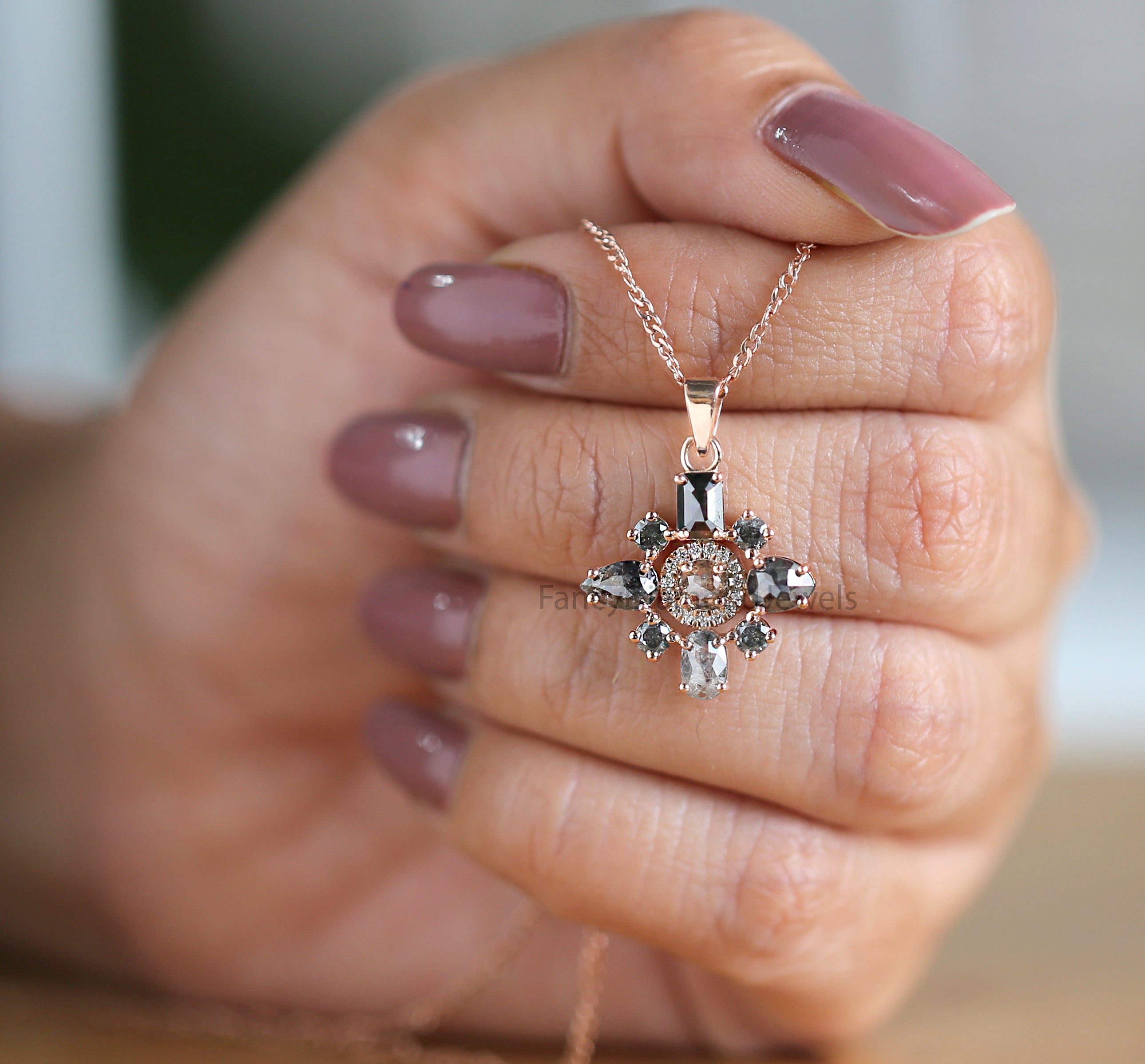 Mix Shape Salt And Pepper Diamond Pendant, Unique Diamond Pendant, Salt And Pepper Mix Shape Diamond Pendant, Dangling Pendant, KDN1485