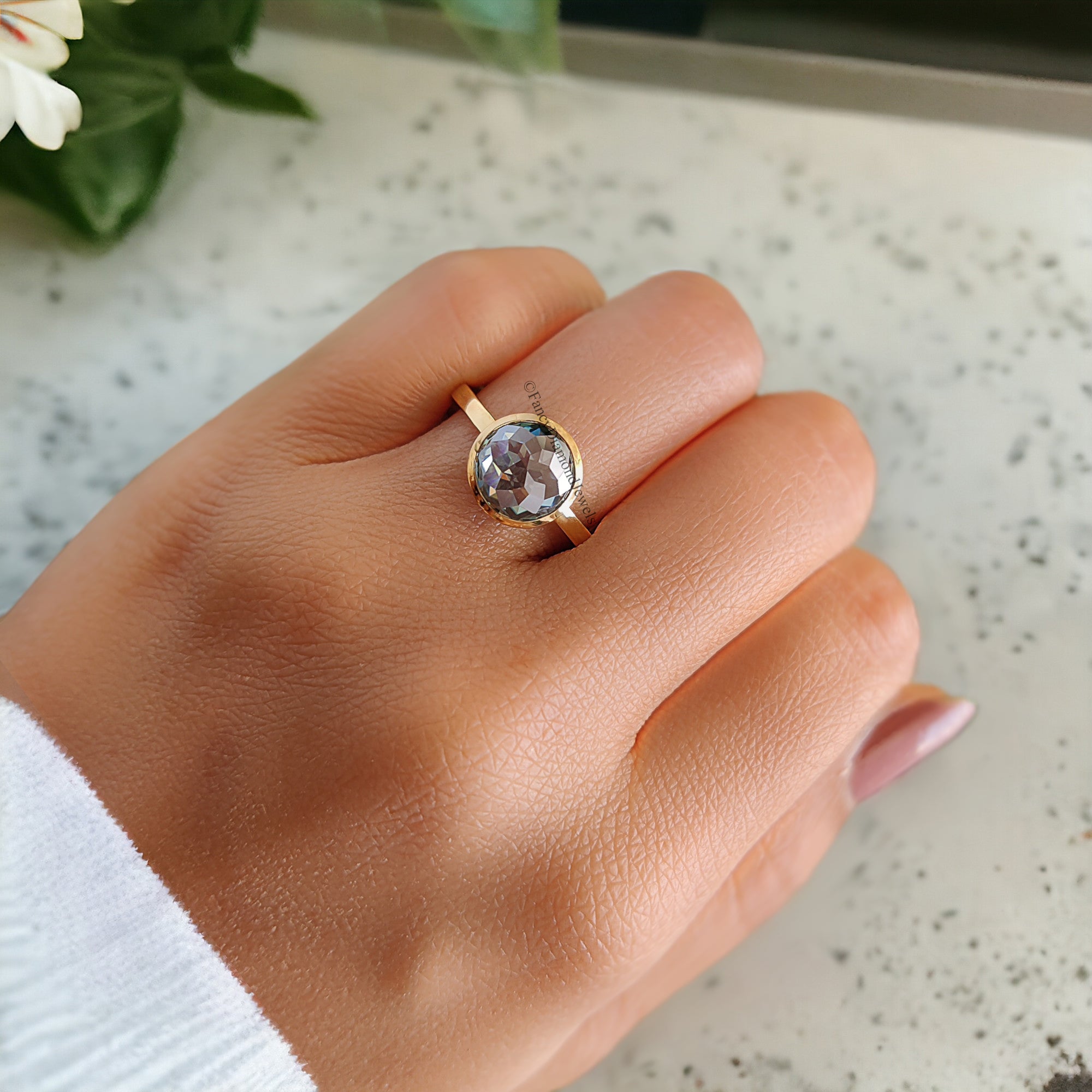 Round Rose Cut Moissanite Bezel Set Engagement Ring 2.35 ct Blue Green Moissanite Round Rose Cut Yellow Gold Silver Ring Gift For Her FD55