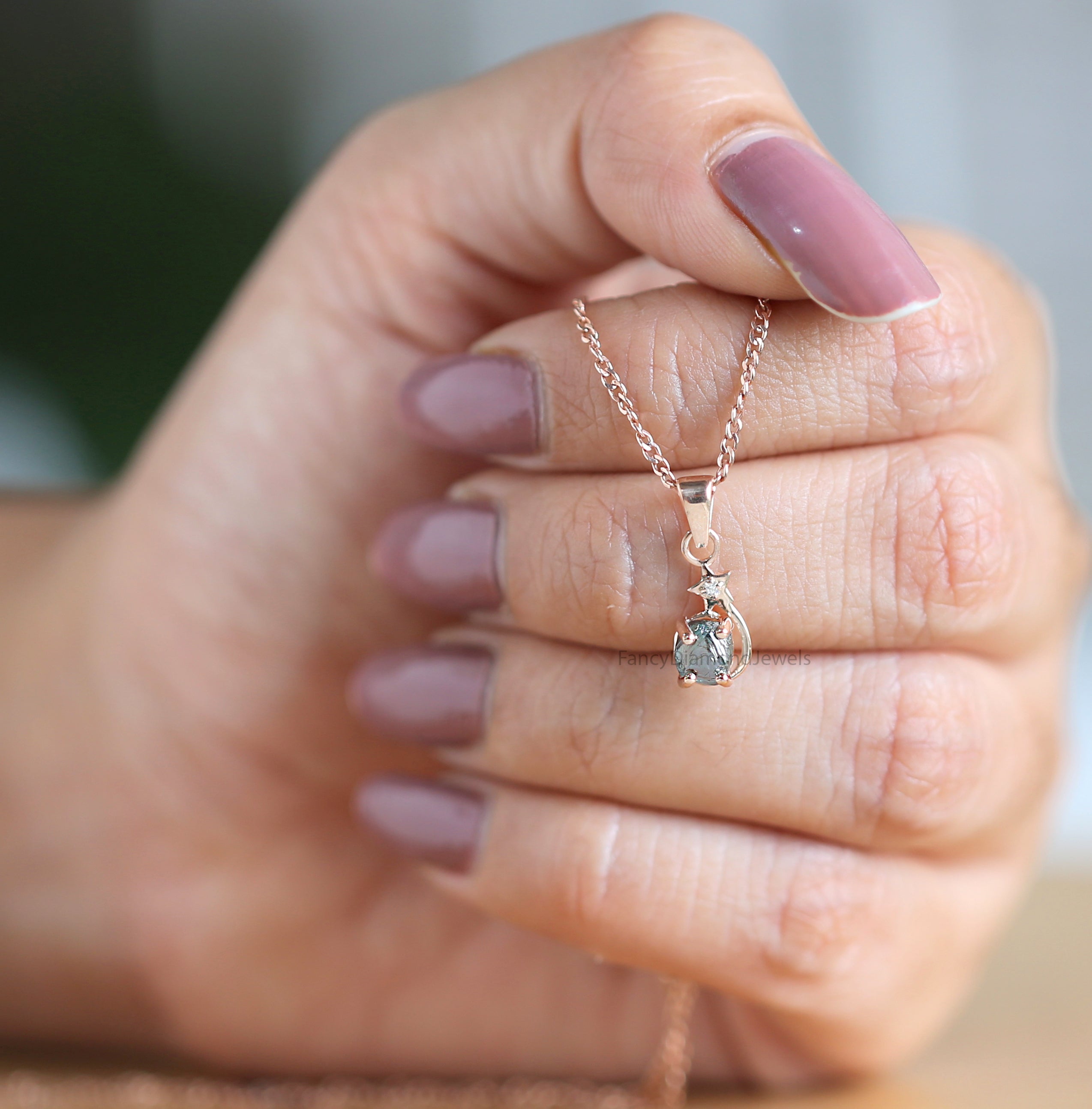 Rough Blue Color Diamond Pendant 1.01 Ct 5.81 MM Rough Diamond Pendant 14K Solid Rose Gold Silver Engagement Pendant Gift For Her QL2323
