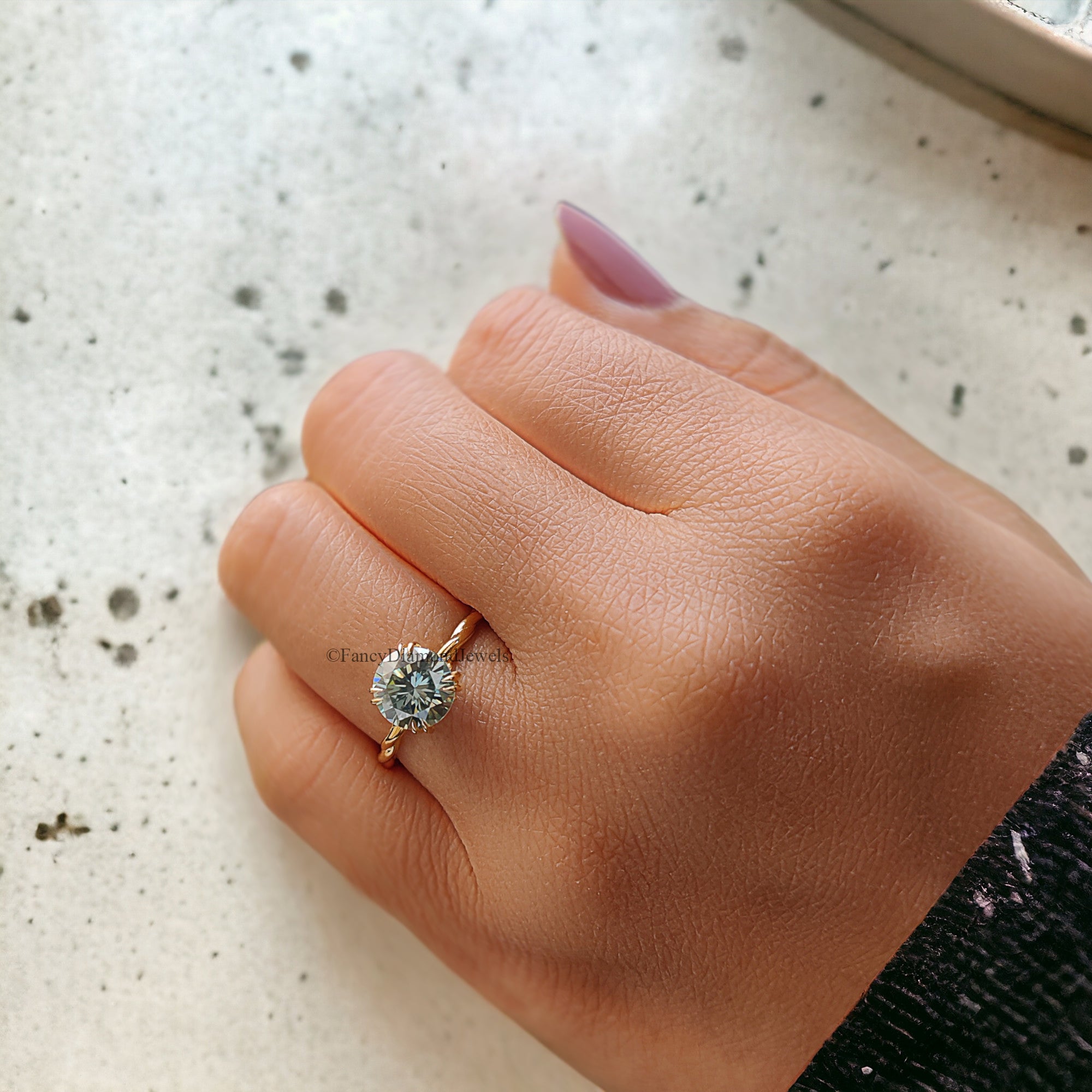 1.20 CT Round Brilliant Cut Cyan Blue Moissanite Engagement Ring Hidden Halo Double Claw Prong Twisted Shank Ring Anniversary Gift Ring FD50