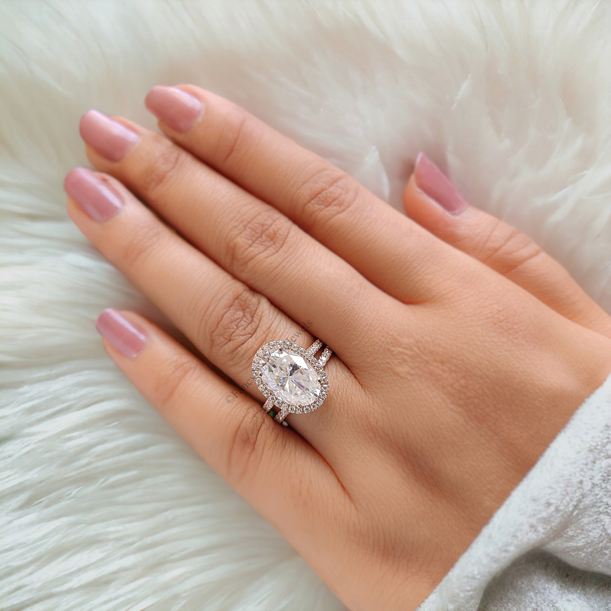 Oval Moissanite Engagement Ring Rose Gold Moissanite And Diamond Halo Ring Diamond Half Eternity Band Moissanite Bridal Ring Set FD134