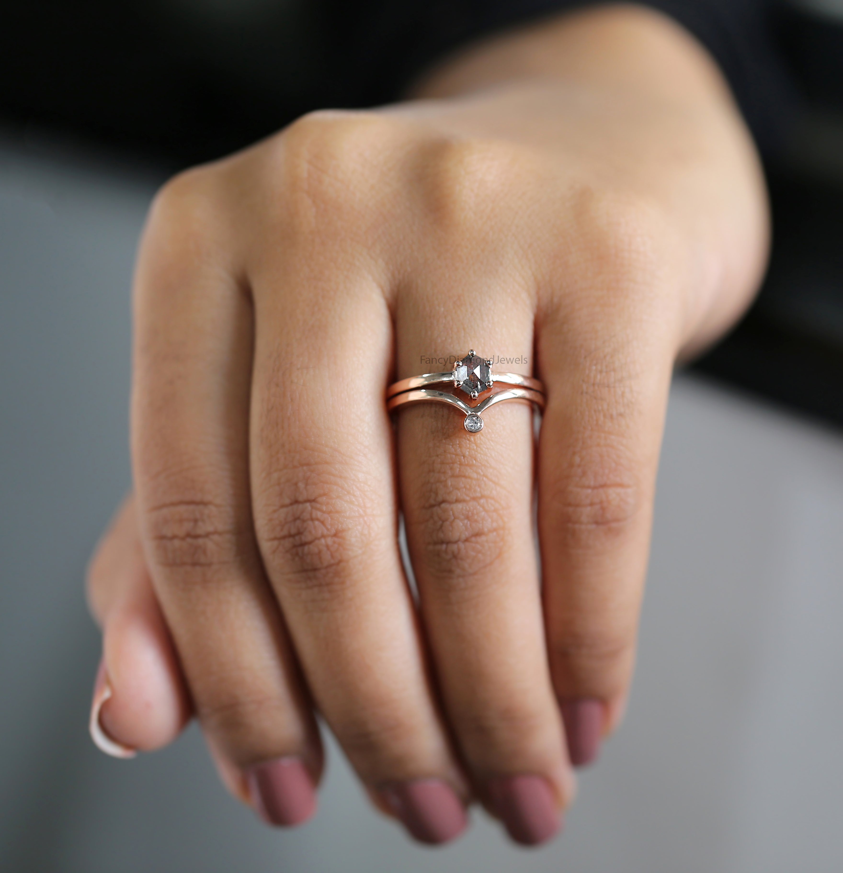 Hexagon salt and pepper Diamond Ring, Salt and pepper Hexagon Diamond Engagement Ring, Hexagon Diamond Ring, Hexagon Bridal Ring Set, KD1143