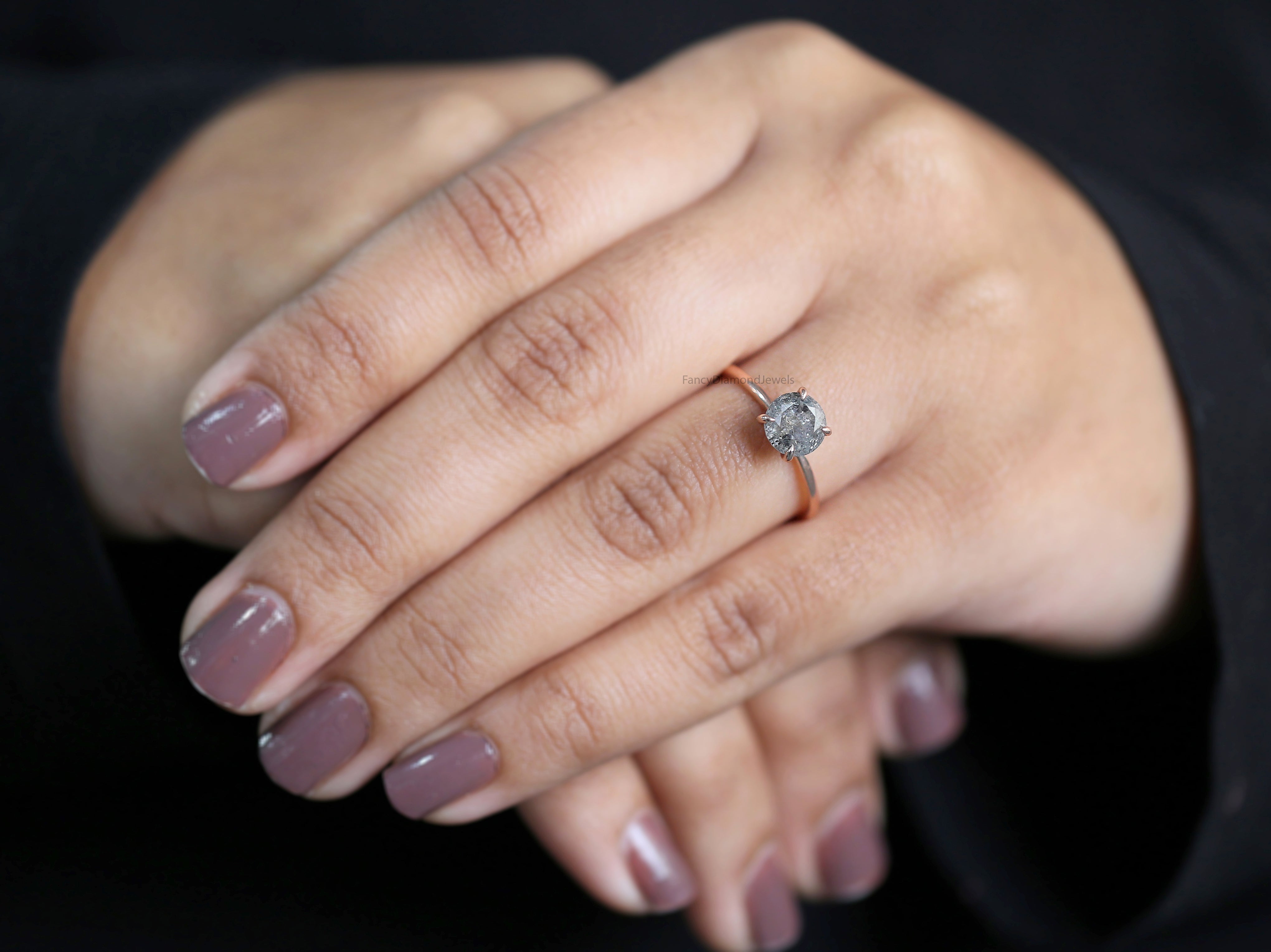 Round Cut Salt And Pepper Diamond Ring 1.31 Ct 6.76 MM Round Diamond Ring 14K Solid Rose Gold Silver Engagement Ring Gift For Her QL2032