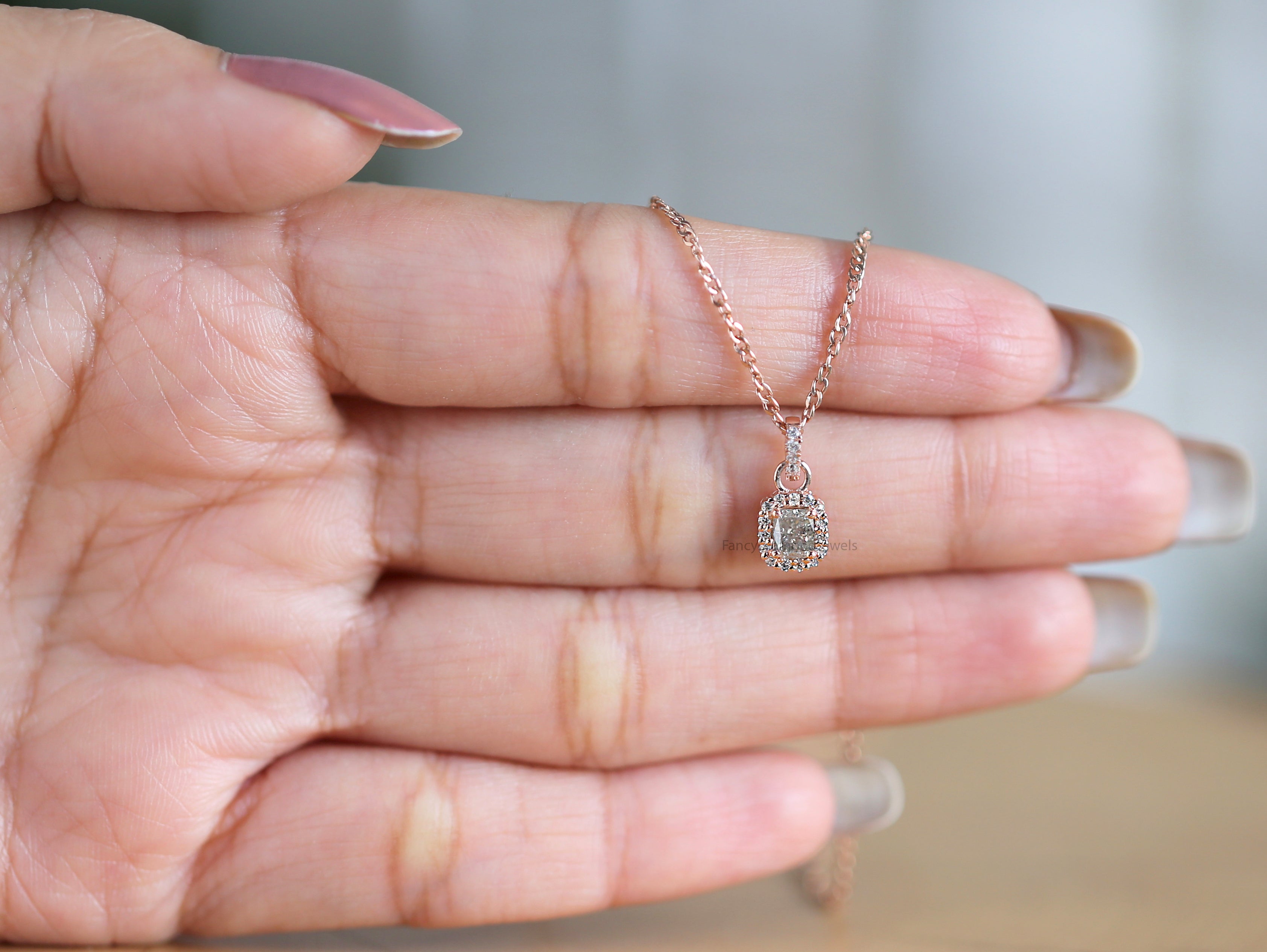 Cushion Cut Grey Color Diamond Pendant 0.36 Ct 4.60 MM Cushion Diamond Pendant 14K Rose Gold Silver Engagement Pendant Gift For Her QN8711