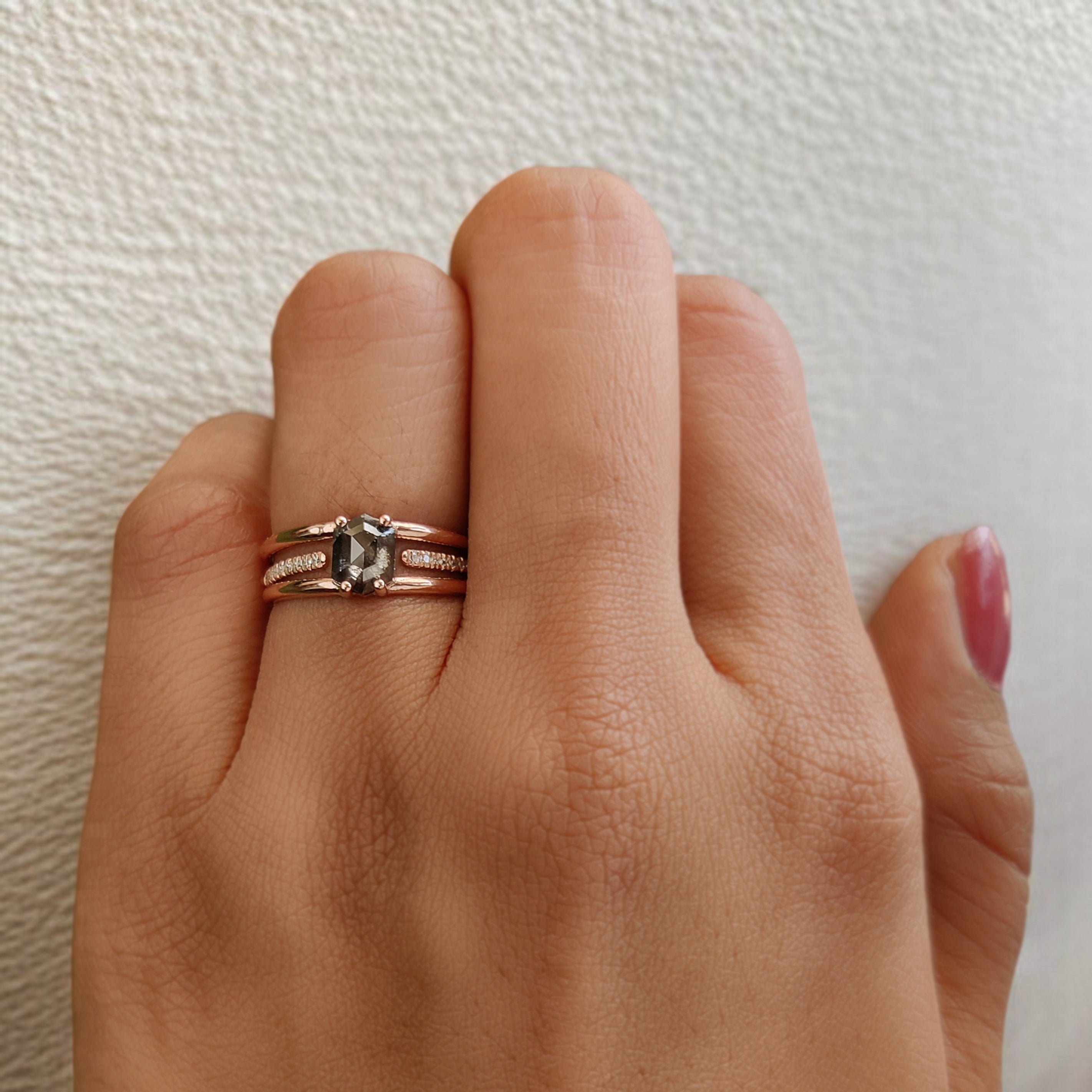 Hexagon Cut Salt And Pepper Diamond Ring 0.74 Ct 6.30 MM Hexagon Cut Diamond Ring 14K Rose Gold Silver Engagement Ring Gift For Her KDL3180