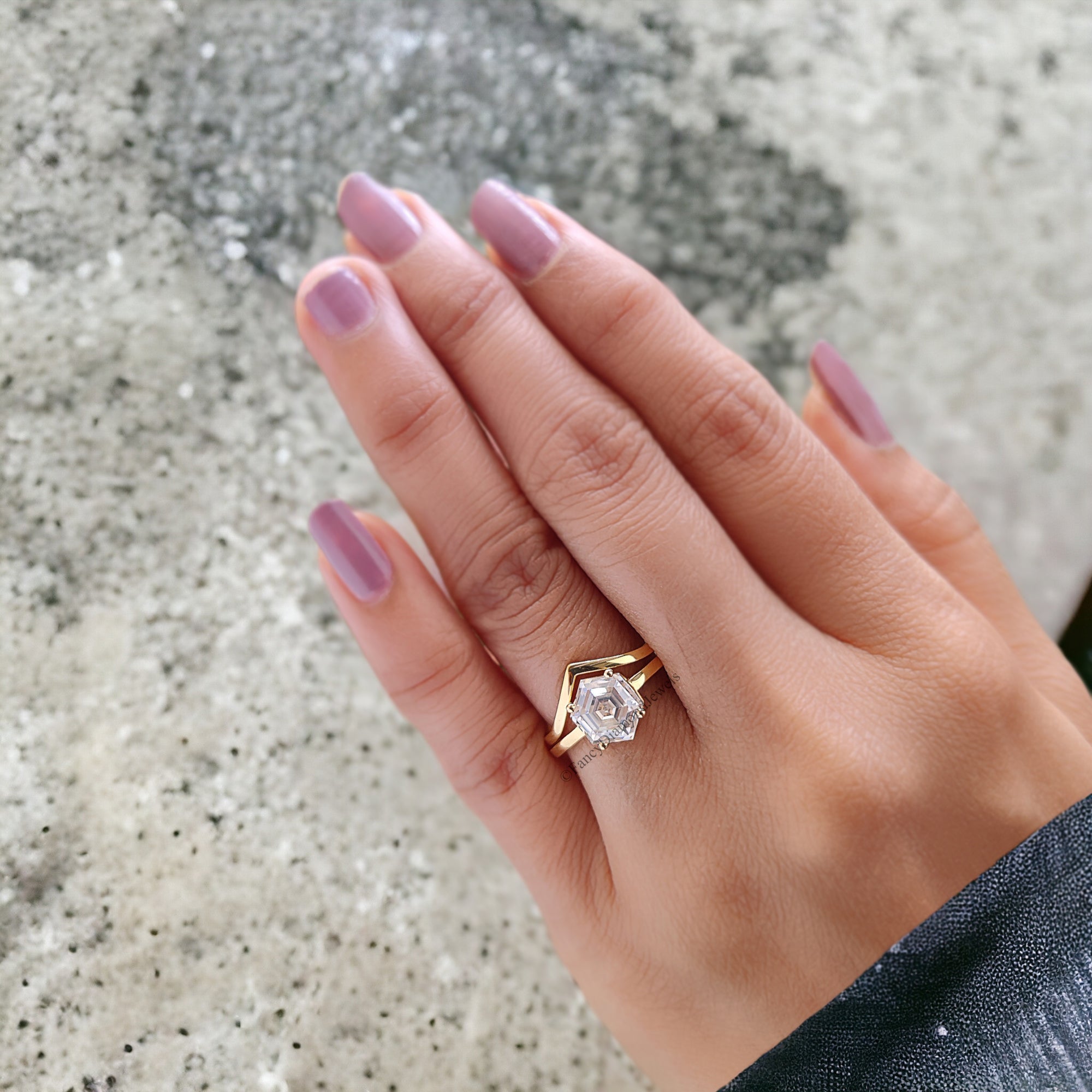 Hexagon Moissanite Bridal Ring Colorless Moissanite Wedding Ring Solid Gold Anniversary Band Solitaire Moissanite Engagement Ring Set FD165