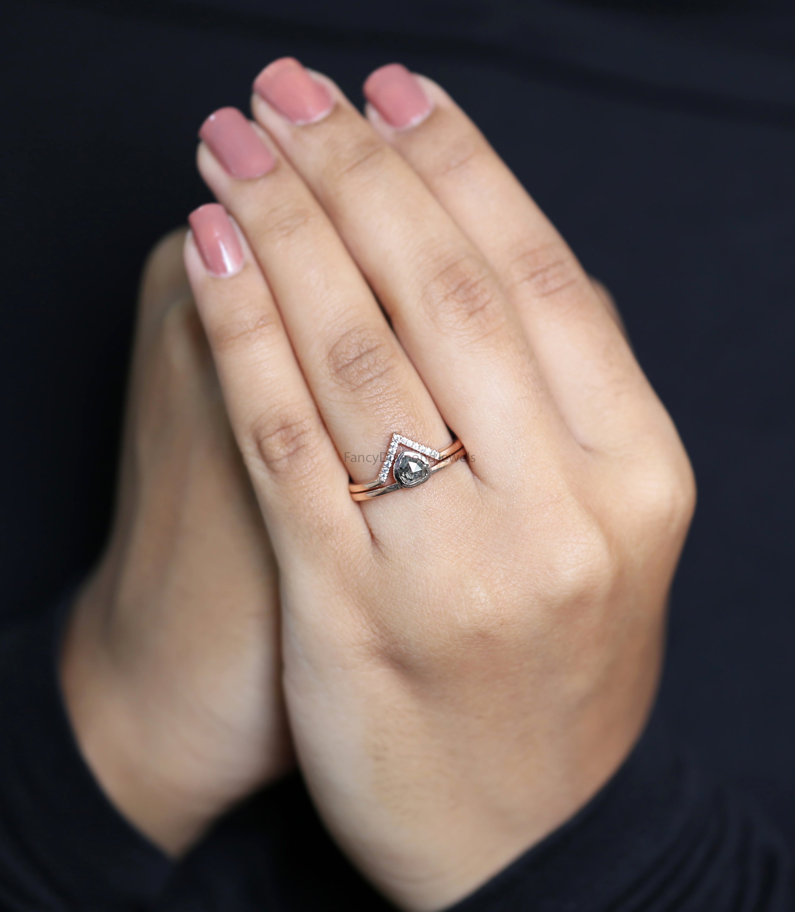 Pear salt and pepper Diamond Ring, Salt and pepper Pear Diamond Engagement Ring, Pear Diamond Ring, Pear Ring, Pear Bridal Ring Set, KD1129