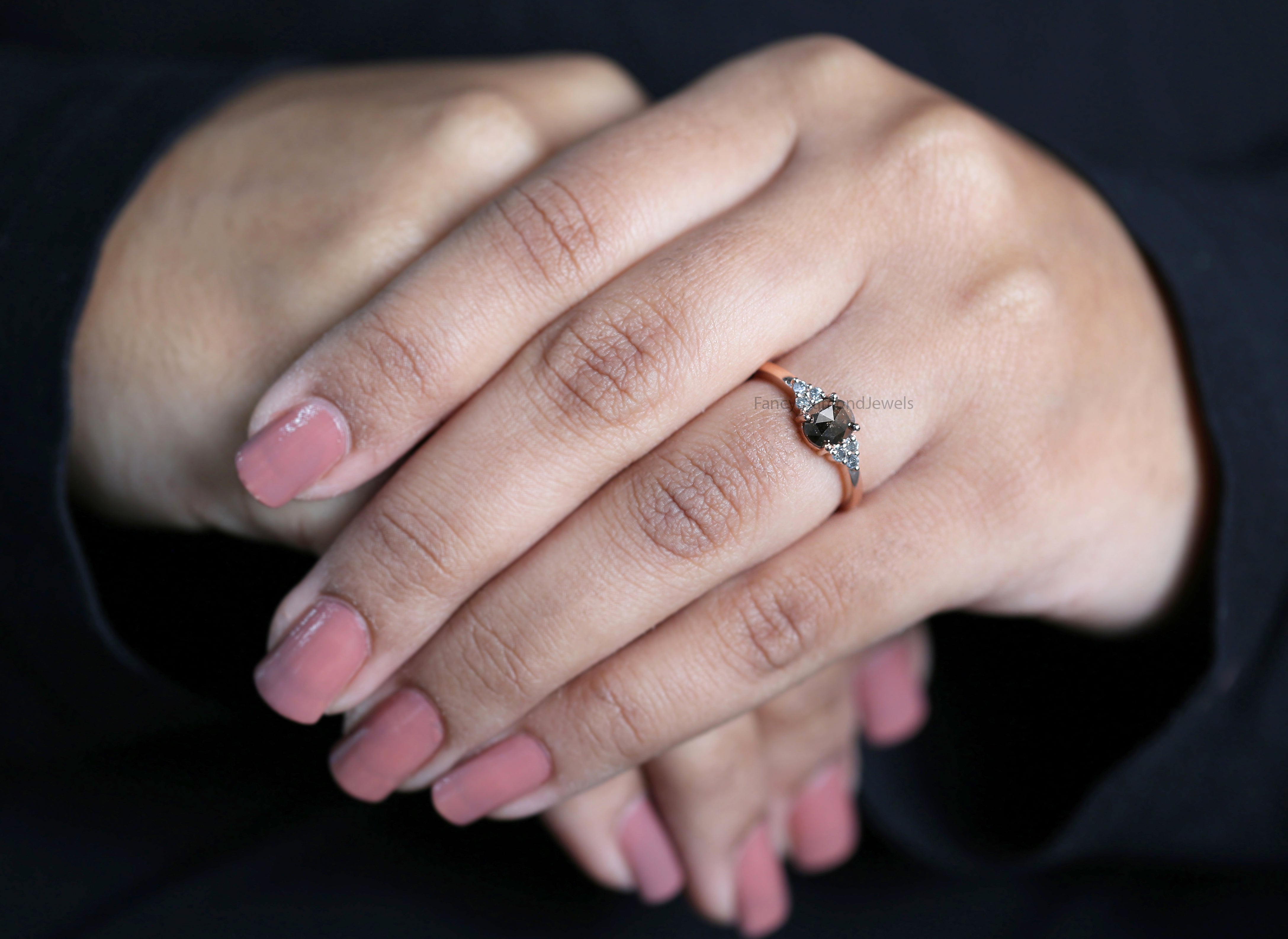 Oval Cut Salt And Pepper Diamond Ring 0.92 Ct 5.95 MM Oval Diamond Ring 14K Solid Rose Gold Silver Oval Engagement Ring Gift For Her QL3080