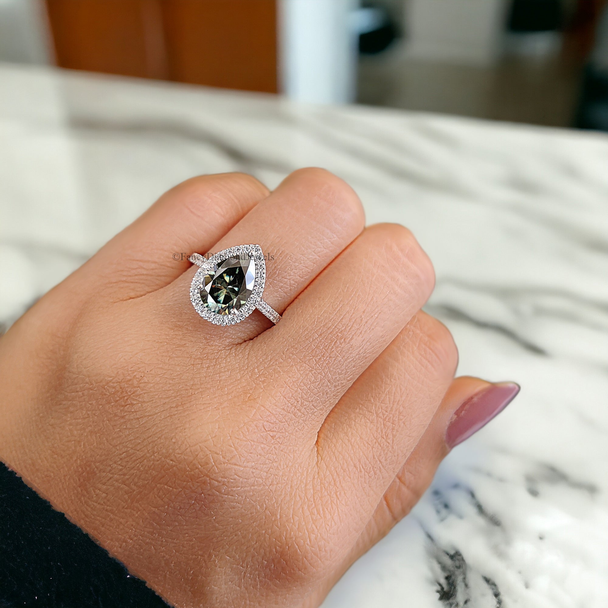 Pear Cyan Green Moissanite Ring Halo Engagement Ring 2.30 TW Pear Shaped Moissanite Ring Proposal Ring For Her Anniversary Gift Ring FD40