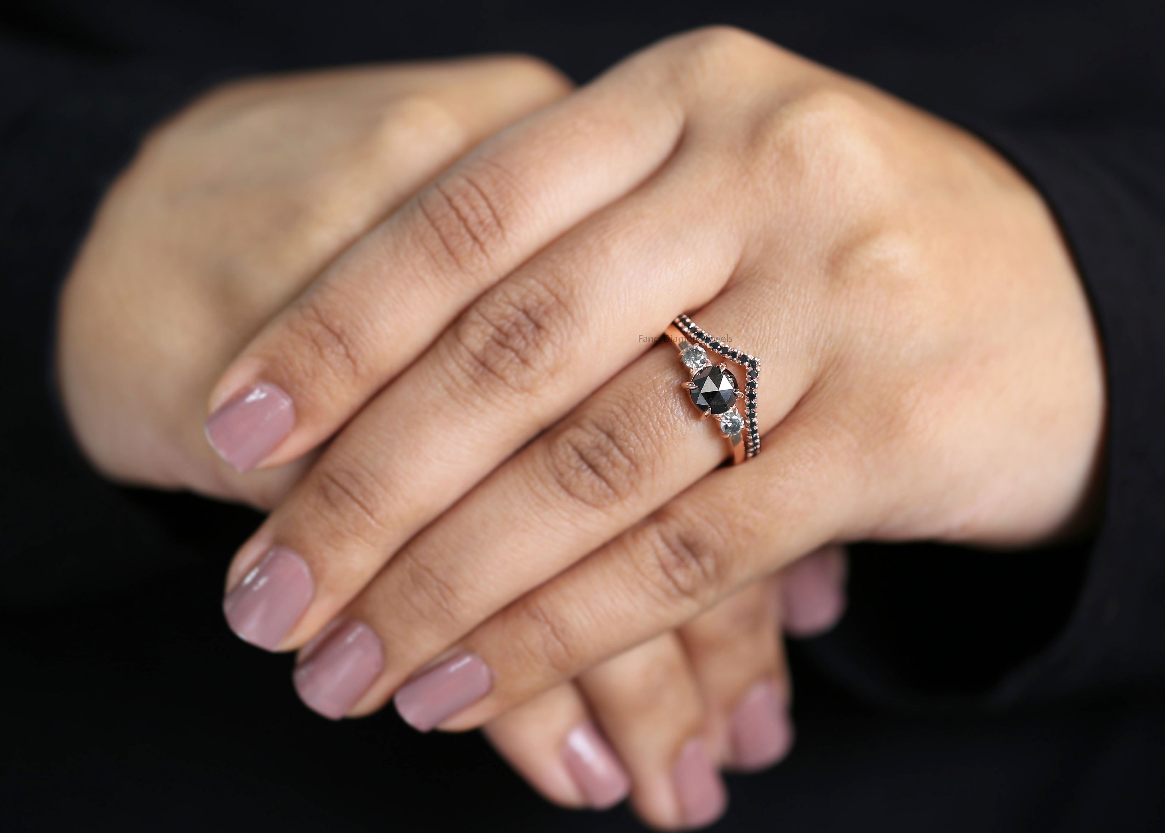 14K Gold 1.30 CTW Vintage Natural Black Diamond Engagement Ring Black Round Twisted Band Wedding Ring Set Bridal Set Gift For Her KD238