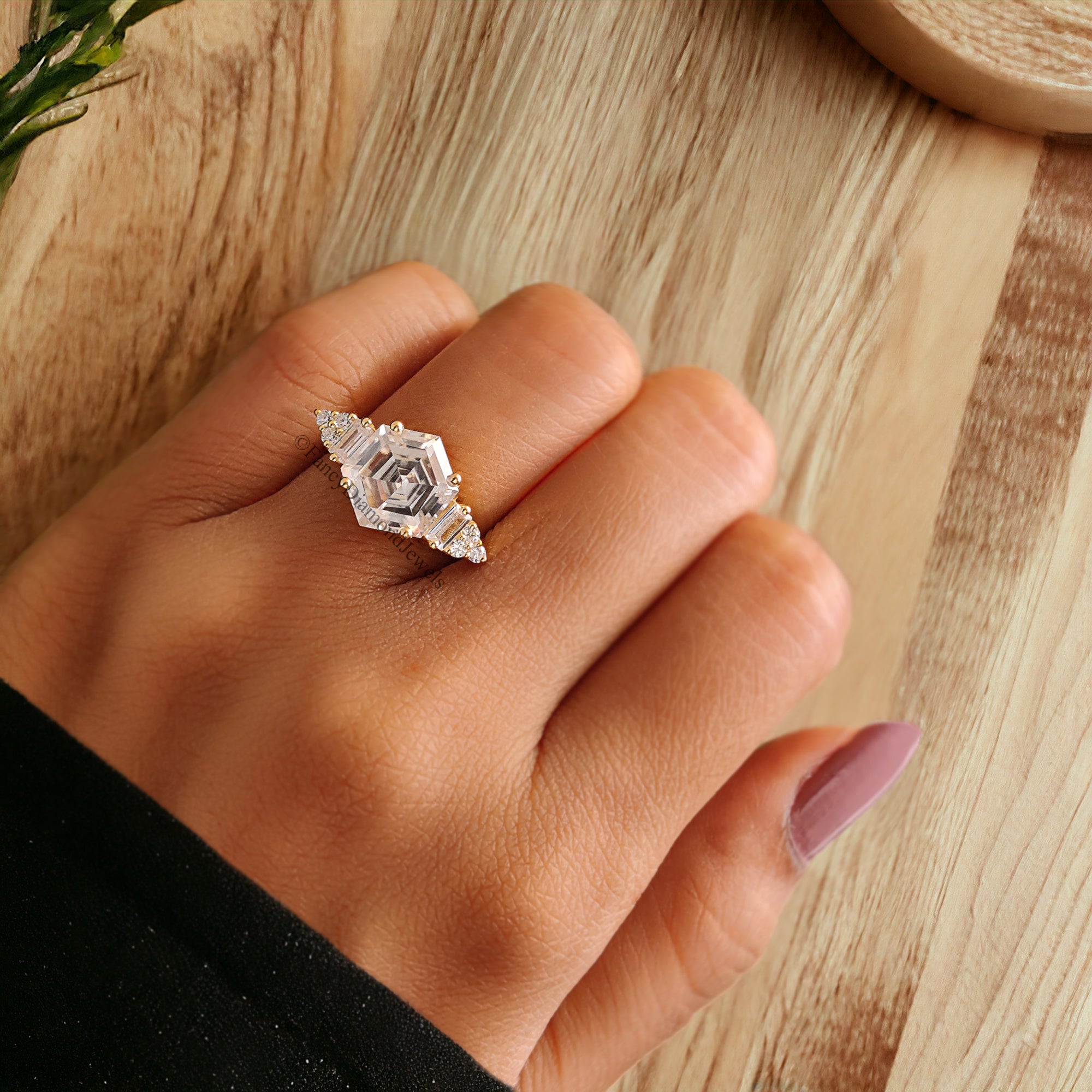 3.00 CT Antique Hexagon Moissanite Engagement Ring Baguette And Round Ring Ring For Gifting Wedding Ring Anniversary Gift Ring Her FD170