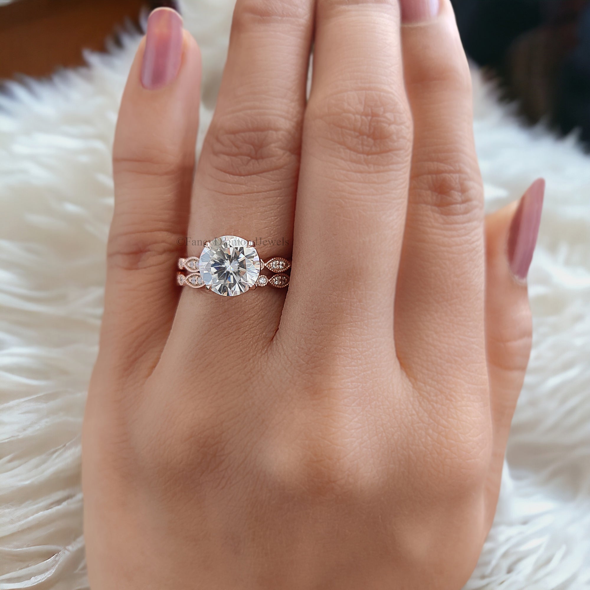 Wedding Ring Set Moissanite Rose Gold Engagement Ring Round 8.00 MM Moissanite Ring Diamond Milgrain Band Solitaire Ring Promise Ring FD130