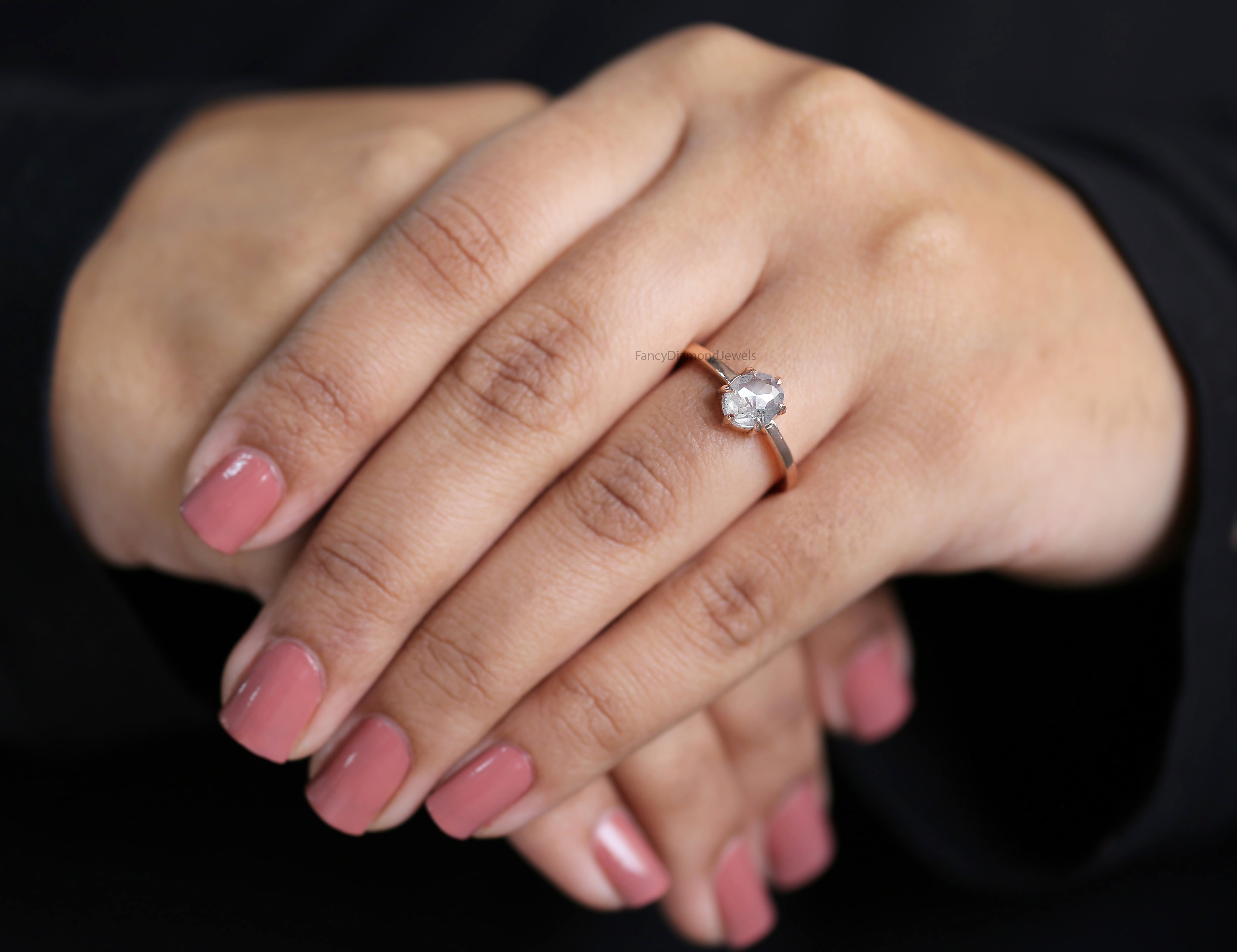 Oval Cut Salt And Pepper Diamond Ring 1.03 Ct 7.00 MM Oval Diamond Ring 14K Solid Rose Gold Silver Oval Engagement Ring Gift For Her QL1098