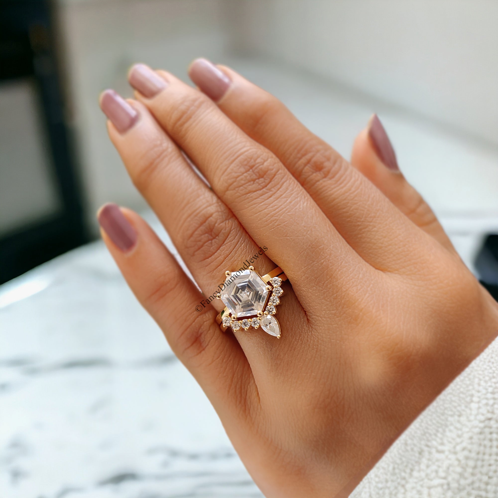 Vintage Moissanite Engagement Ring Set 3.00 CT Moissanite Ring Hexagon Yellow Gold Crown Ring Unique Stacking Ring Diamond Cluster Ring FD82