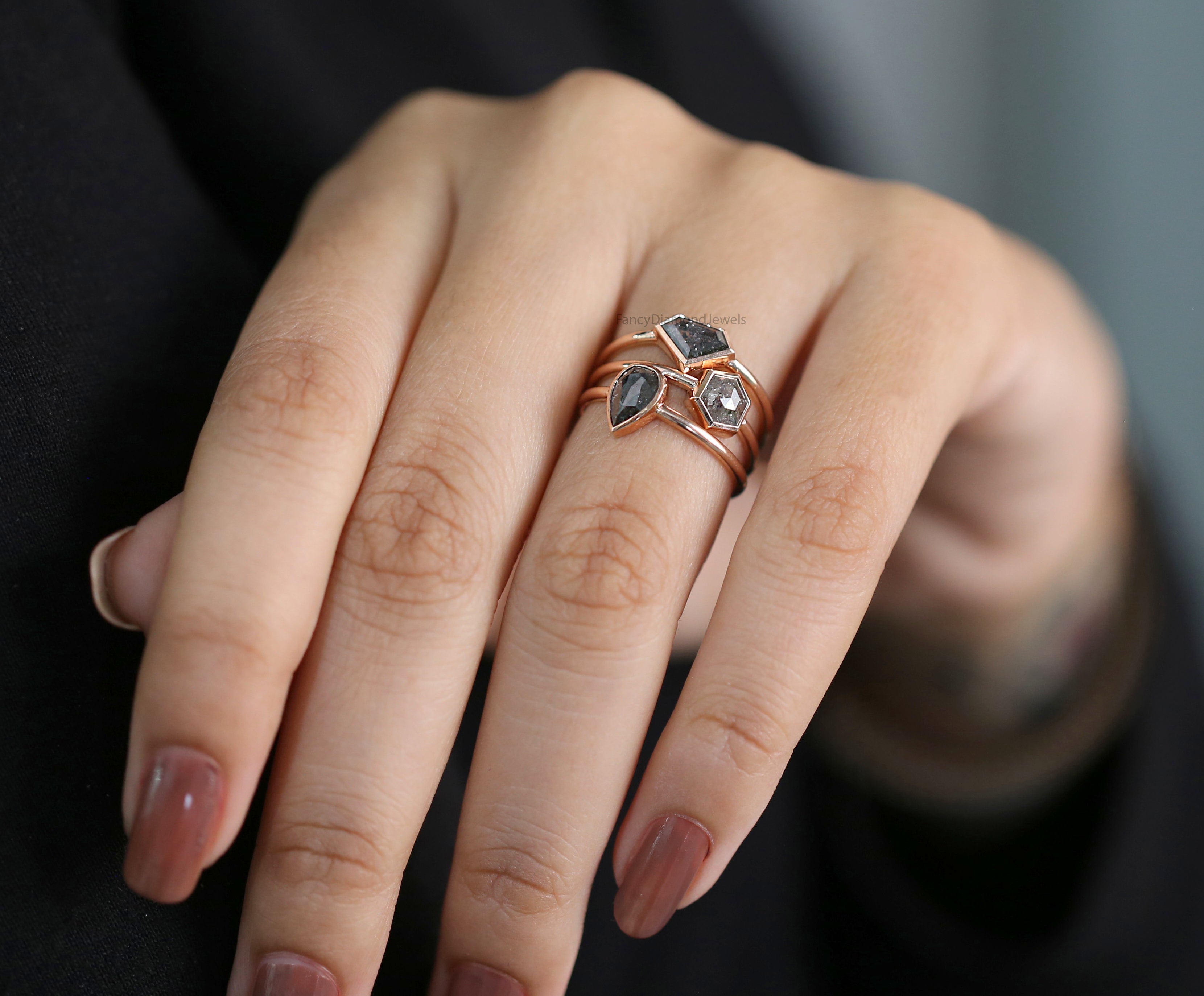 Mix Shape Salt And Pepper Diamond Ring 1.73 Ct 7.15 MM Mix Shape Diamond Ring 14K Solid Rose Gold Silver Engagement Ring Gift For Her QL1063