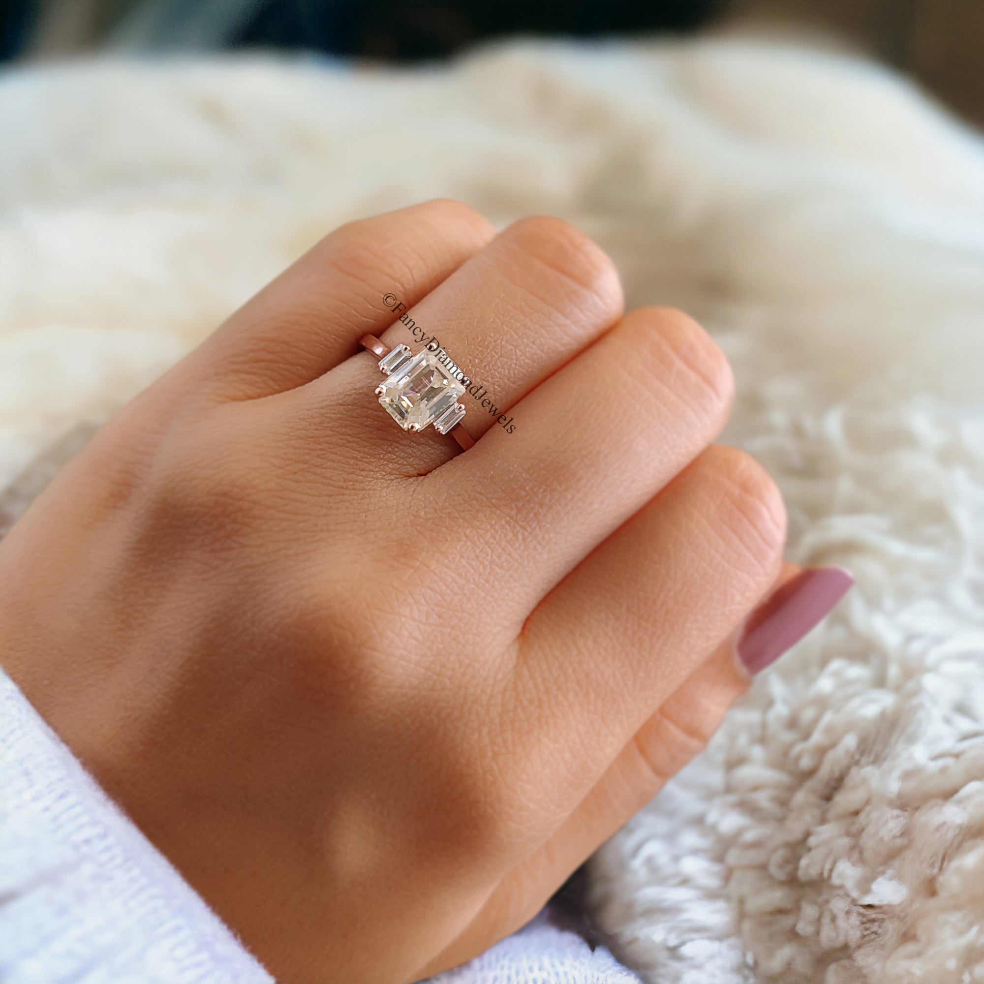 Three Stone Ring Emerald With Side Baguettes 1.50 CT Colorless Emerald Moissanite Engagement Ring Wedding Ring Rose Gold Designer Ring FD95