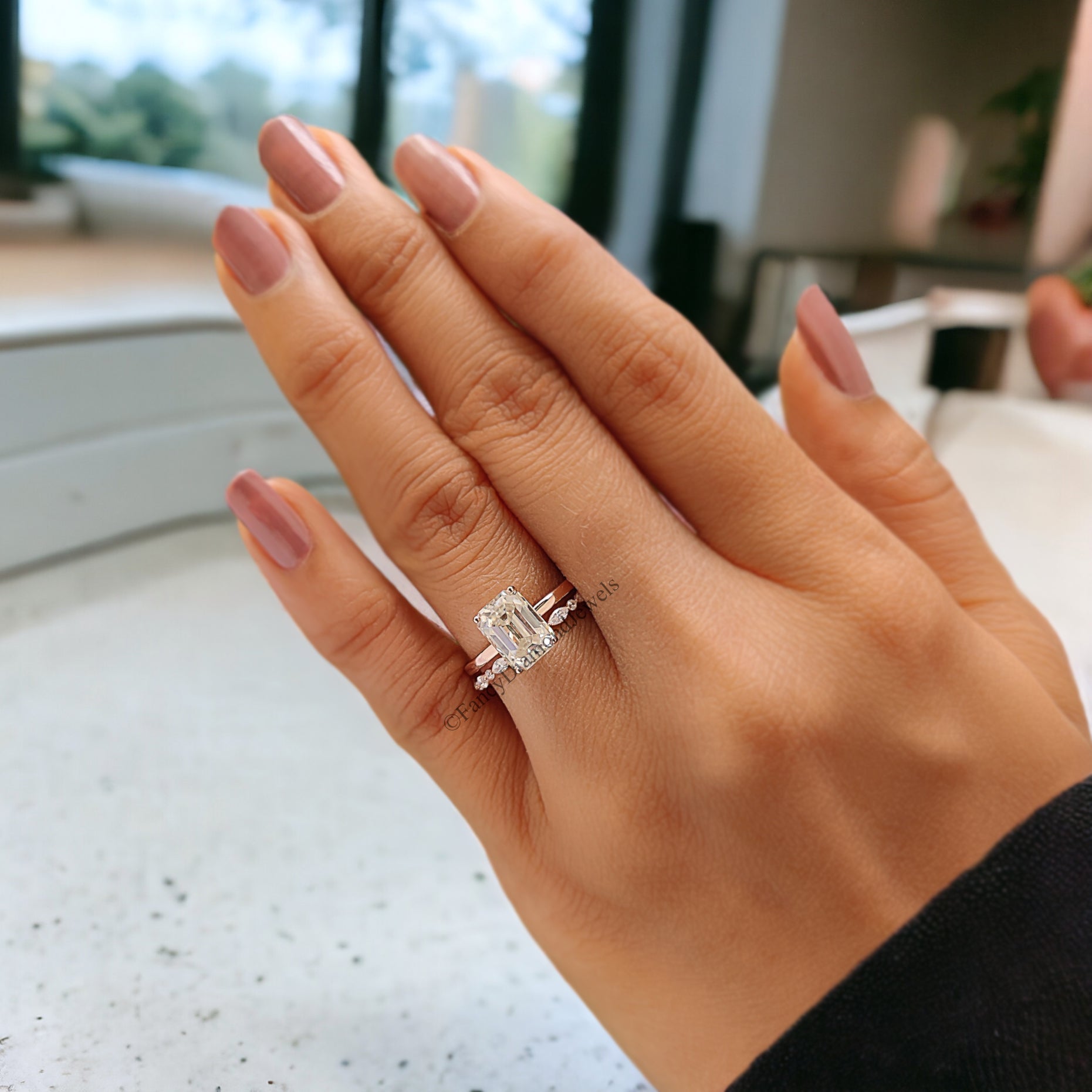 Emerald Cut Moissanite Engagement Ring Set Solitaire Engagement Ring Rose Gold Unique Full Eternity Ring Anniversary Gift For Women FD220