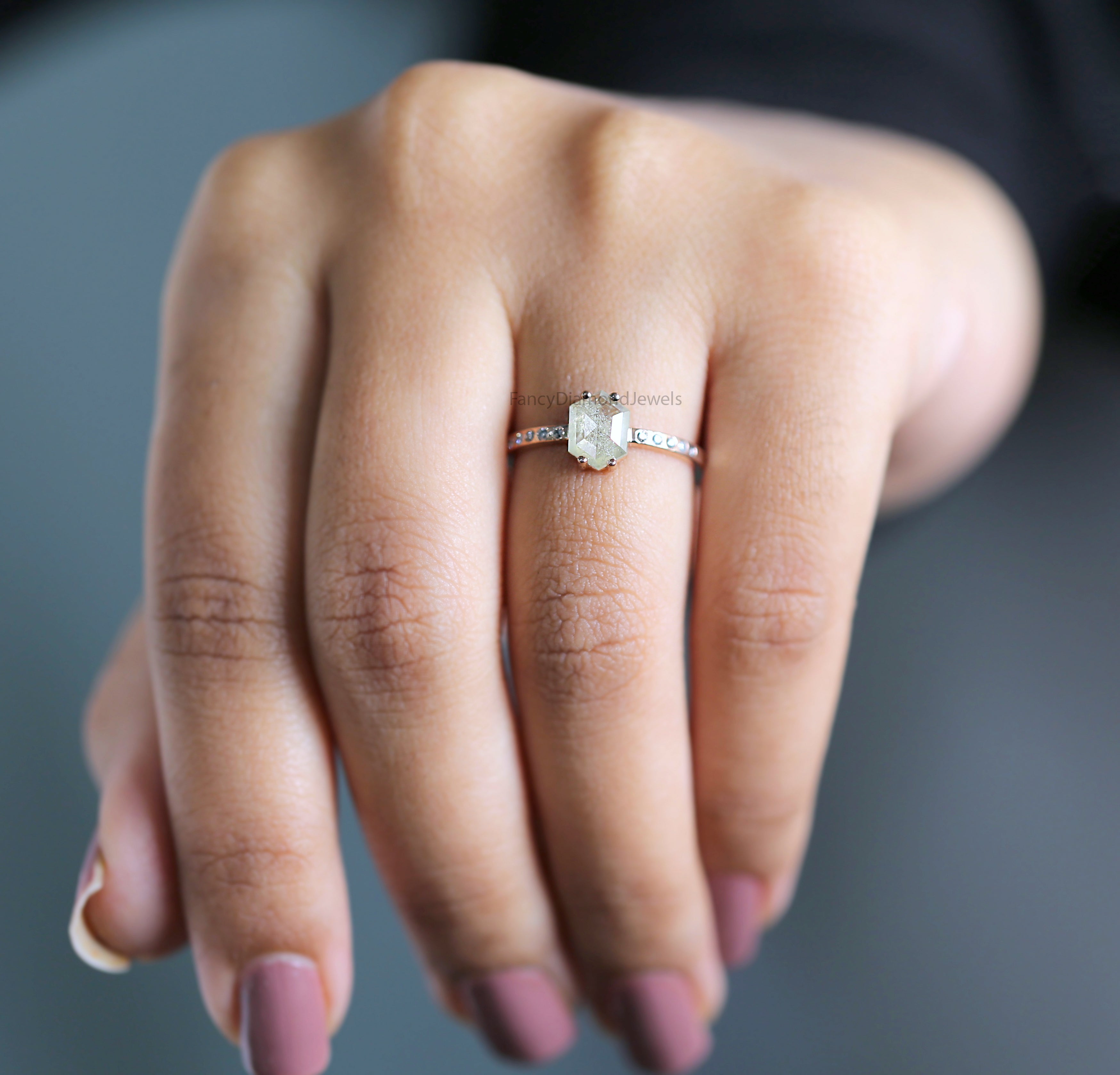 Hexagon Grey Color Diamond Ring 0.75 Ct 7.45 MM Hexagon Shape Diamond Ring 14K Solid Rose Gold Silver Engagement Ring Gift For Her QK2097